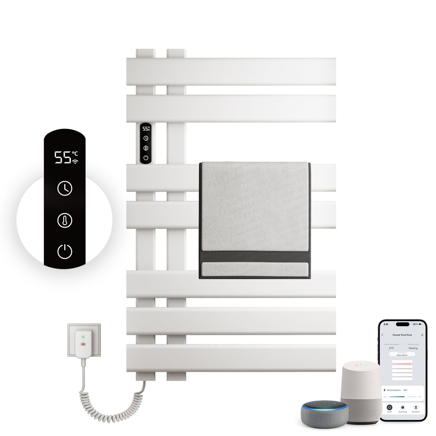 Sèche serviettes électrique,450x720mm WIFI Porte serviettes électrique,235W Porte serviettes thermostatique intelligent,Avec interrupteur tactile et minuterie,Compatible Google Home et app contrôle
