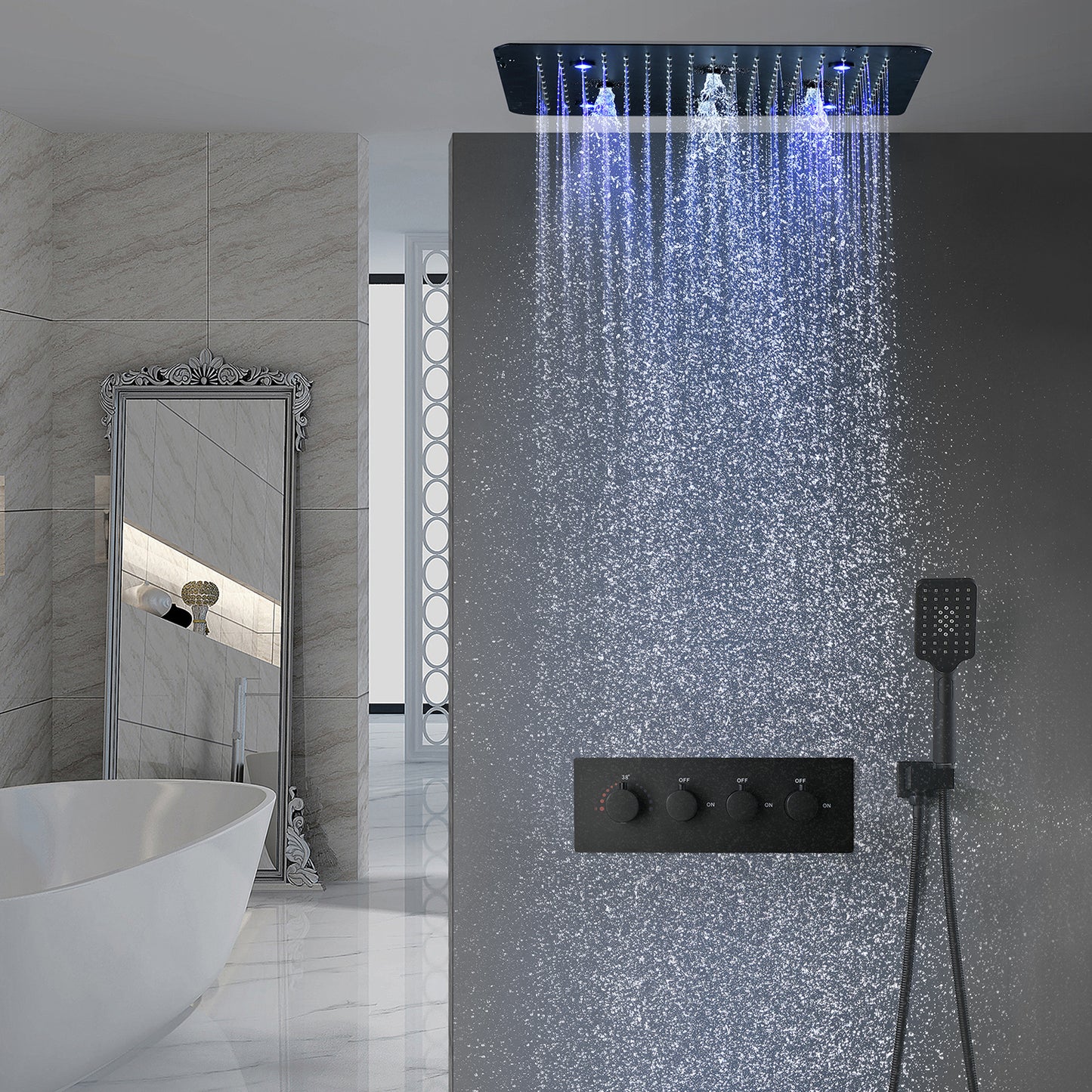 Colonne De Douche,Multifonctionnel Colonne De Douche sans Mitigeur,Colonne Douche Encastrable, avec Douche De Tête,Lumières LED Colorées,douchette À Main,Colonne De Douche Thermostatique Noir