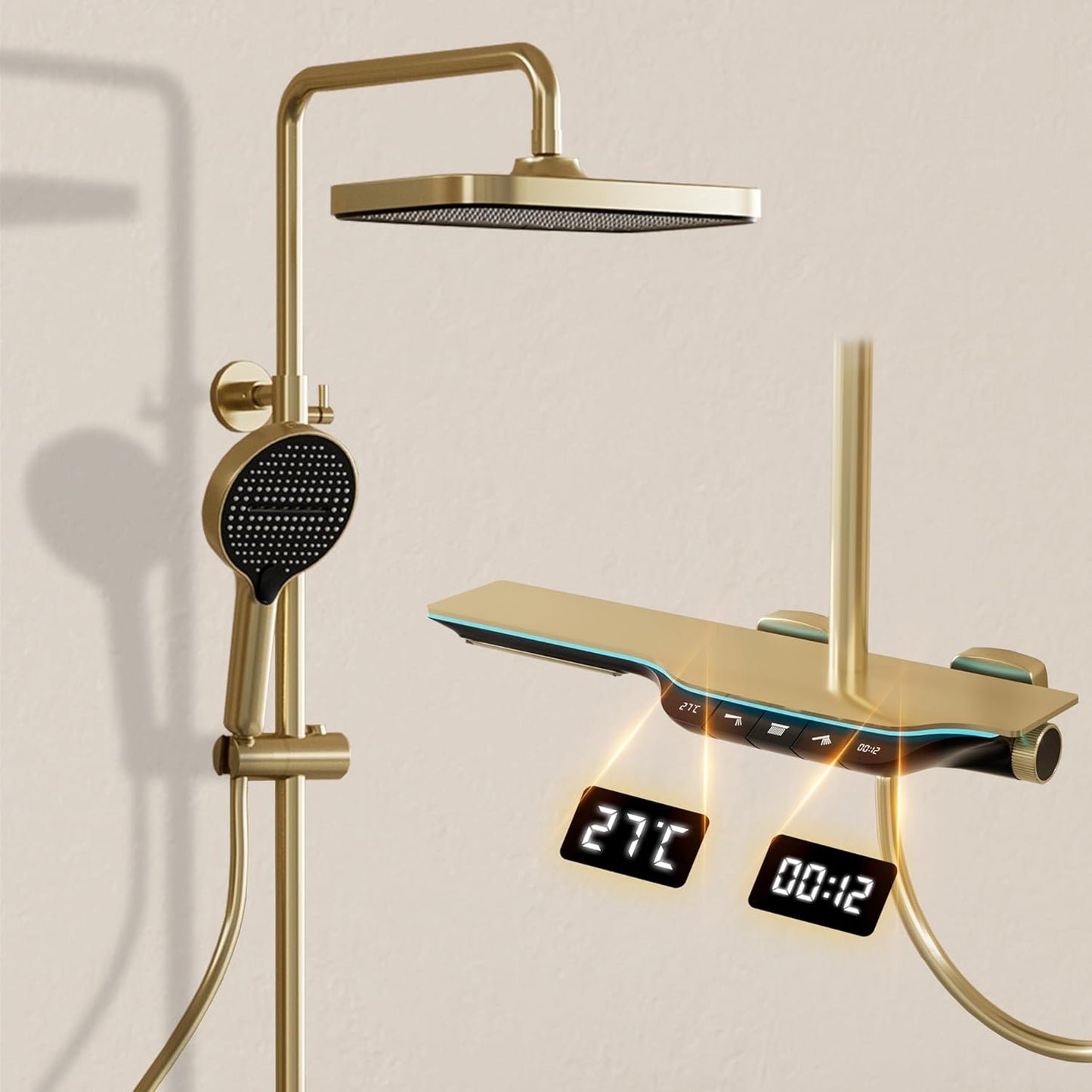 Colonne De Douche,Systeme de Douche Pluie Pour Salle De Bain,Avec Douchette,Avec Mitigeur,Pommeau De Douche Et Barre De Douche,Système De Douche Avec Écran Numérique, Or Brossé Ensemble De Douche