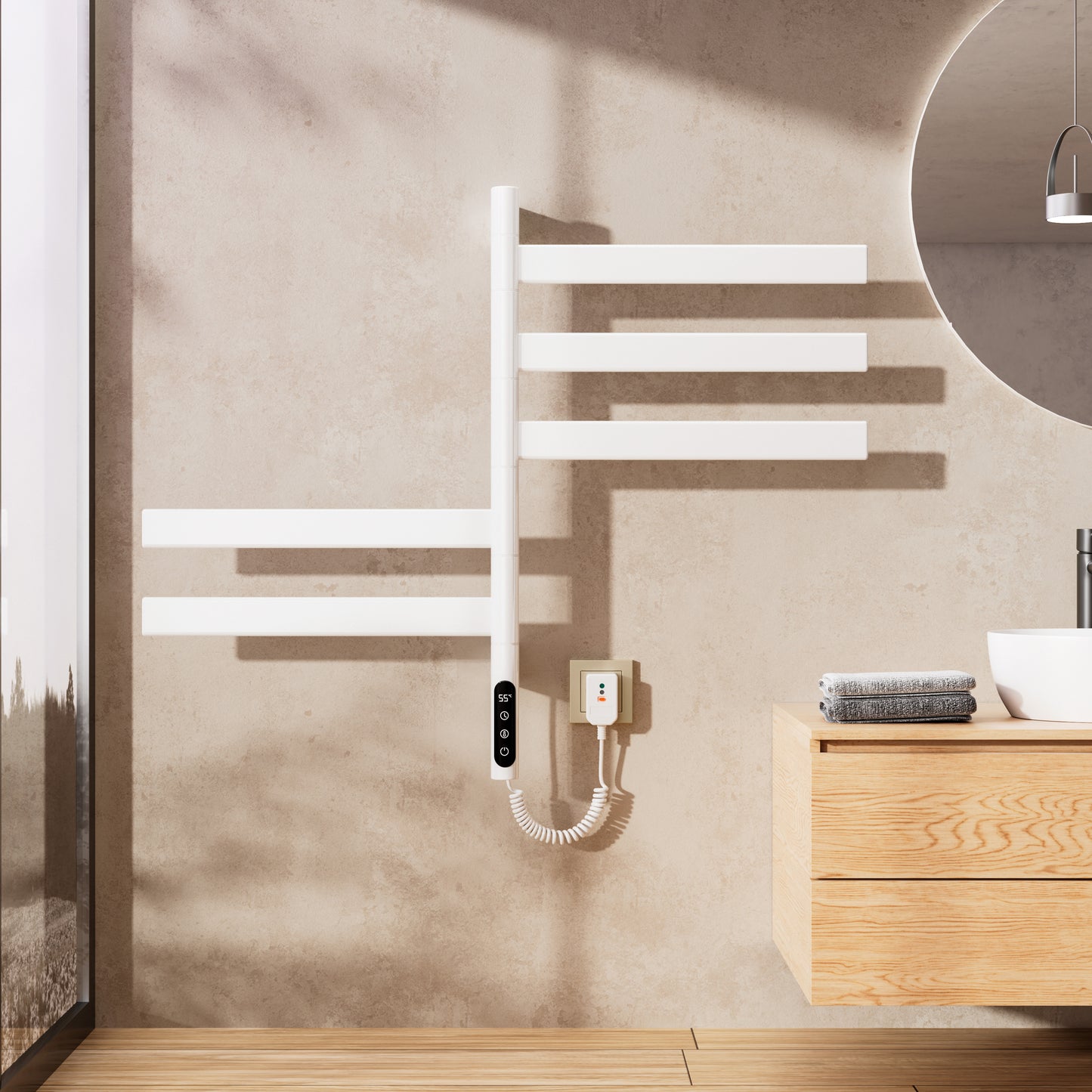 Sèche-Serviettes Électrique 675×450mm,Avec 5 Rotations À 180° Serviettes Électrique,Avec Écran Tactile LED,Réglage De La Synchronisation Et De La Température Chauffe Serviette Salle De Bain,Noir/Blanc
