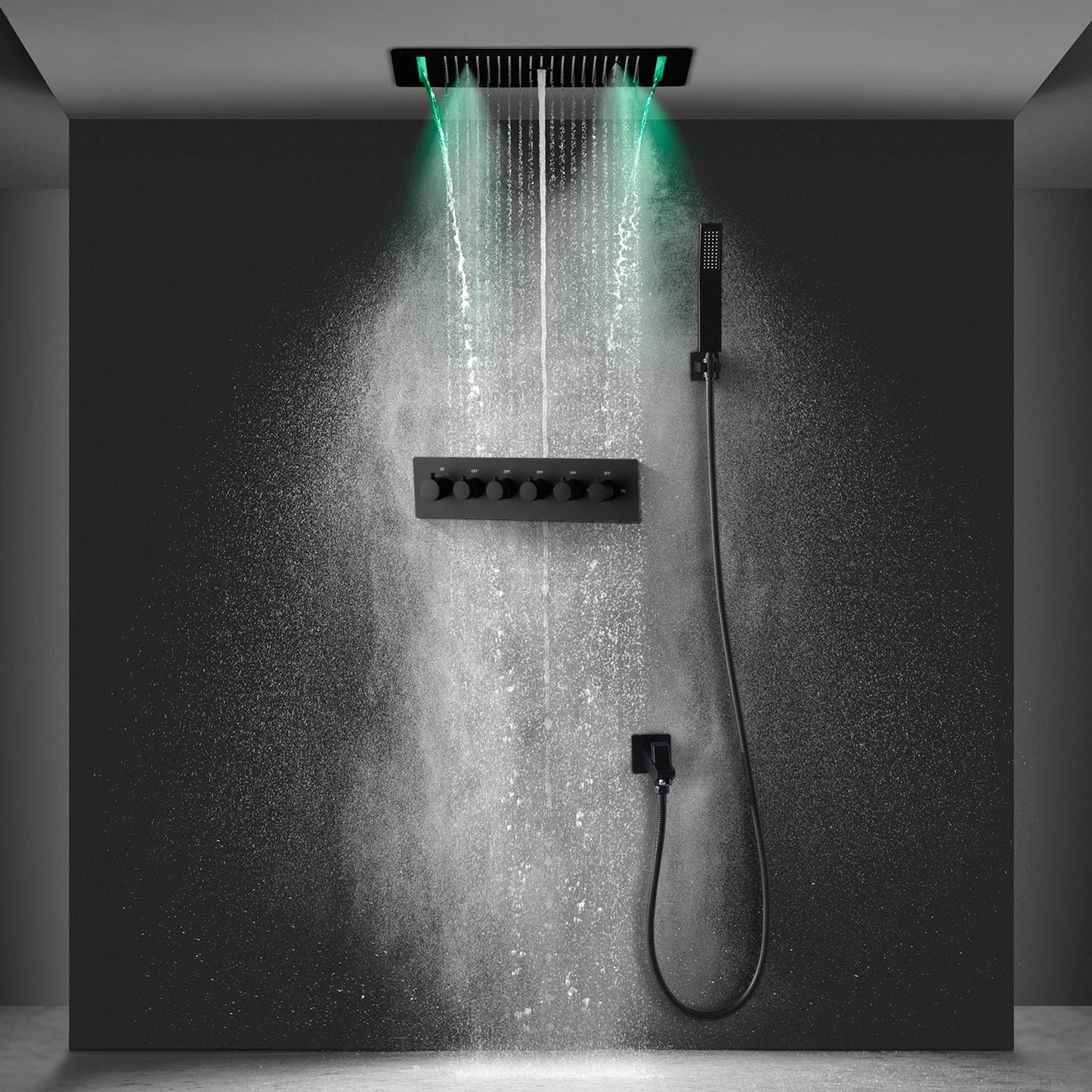 Colonne De Douche Thermostatique Multifonctionnelle, Set De Douche Encastré Noir, Douche De Tête 700×380 Mm Avec Lumières LED Colorées Et 5 Modes De Douche, Avec Douchette Et Robinetterie
