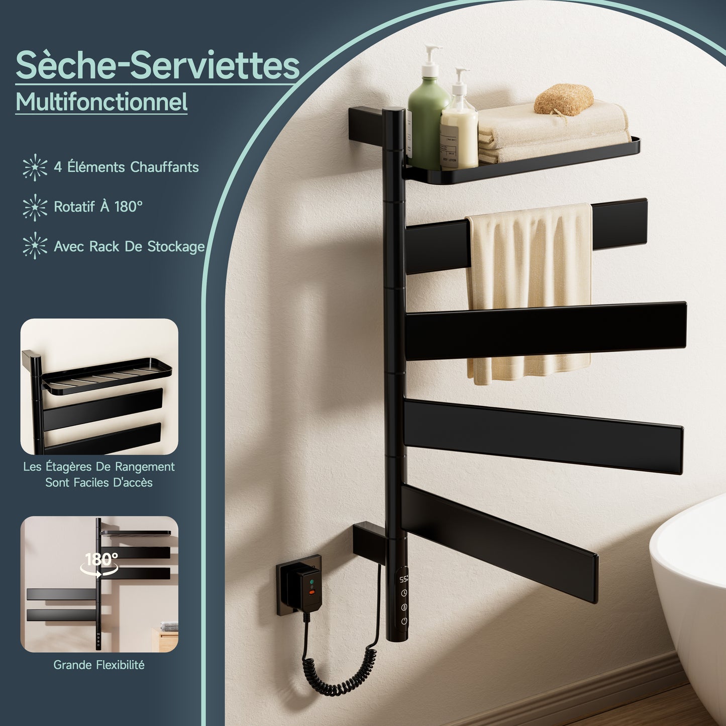 Sèche-Serviettes Électrique 760×450 Mm ,Rotation 180° Chauffe Serviette Salle De Bain,sèche Serviette Intelligent À Température Constante WiFi,Fonctionne Avec Alexa Et Google Home Et App