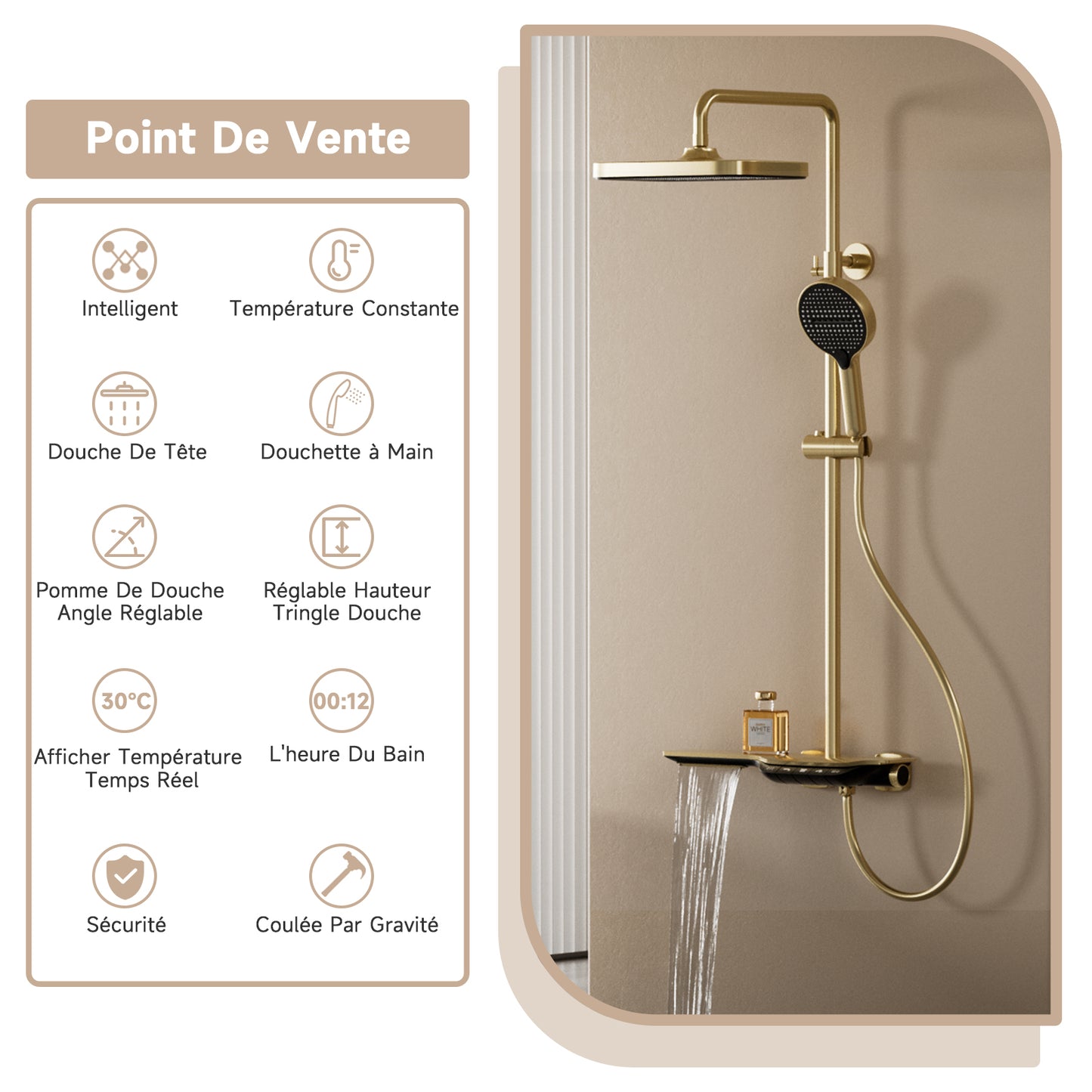Colonne De Douche,Systeme de Douche Pluie Pour Salle De Bain,Avec Douchette,Avec Mitigeur,Pommeau De Douche Et Barre De Douche,Système De Douche Avec Écran Numérique, Or Brossé Ensemble De Douche