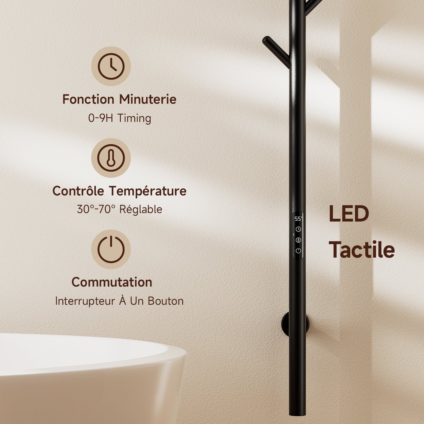 Sèche-Serviette électrique,Seche serviette salle de bain,Adiateur sèche-serviettes intelligent Noir à température constante,Porte-serviettes électrique mural,Avec 6 crochets,Sèche-serviettes électrique avec tige