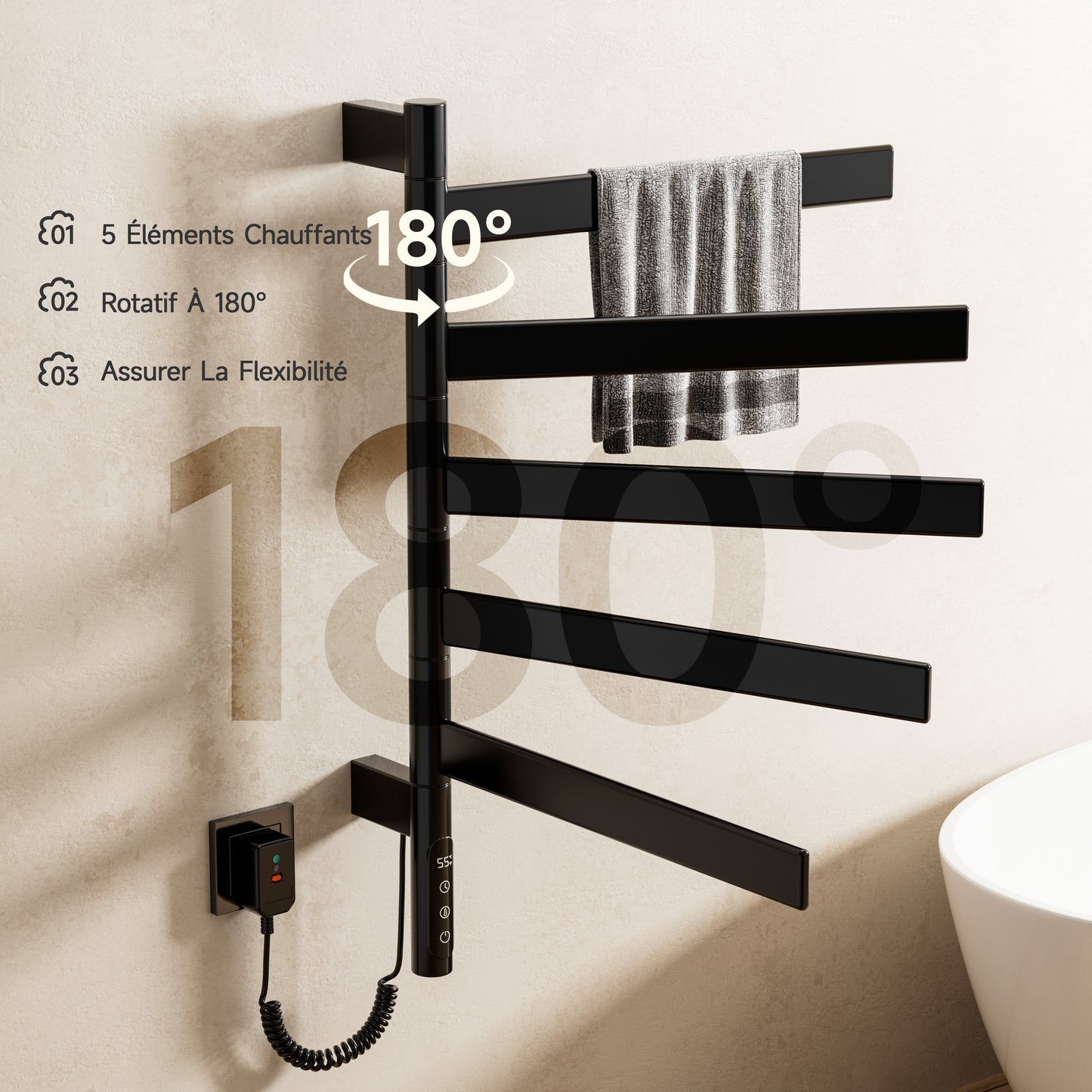 Sèche-Serviettes Électrique 675×450 Mm ,Rotation 180° Chauffe Serviette Salle De Bain,sèche Serviette Intelligent À Température Constante WiFi,Fonctionne Avec Alexa Et Google Home Et App