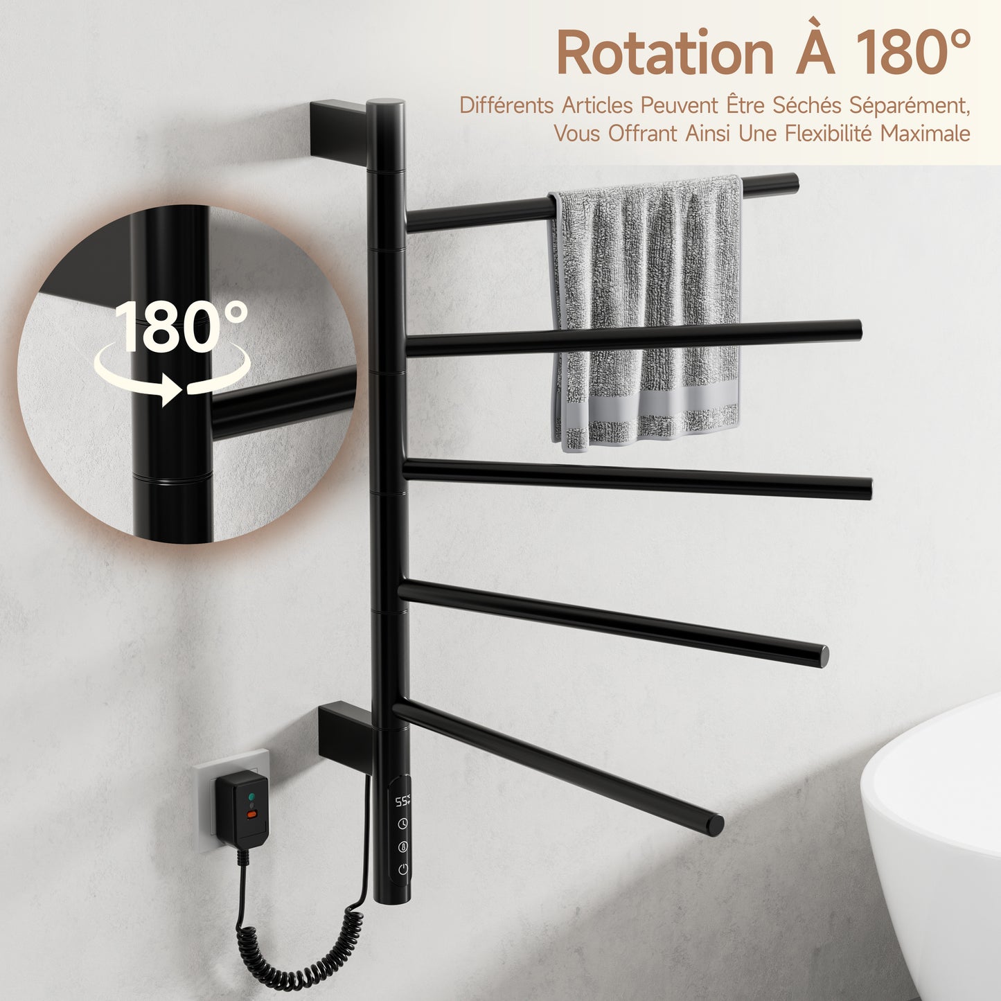 Sèche-Serviettes Électrique 660×420mm ,Rotation 180° Chauffe Serviette Salle De Bain,sèche Serviette Intelligent À Température Constante WiFi,Fonctionne Avec Alexa Et Google Home Et App