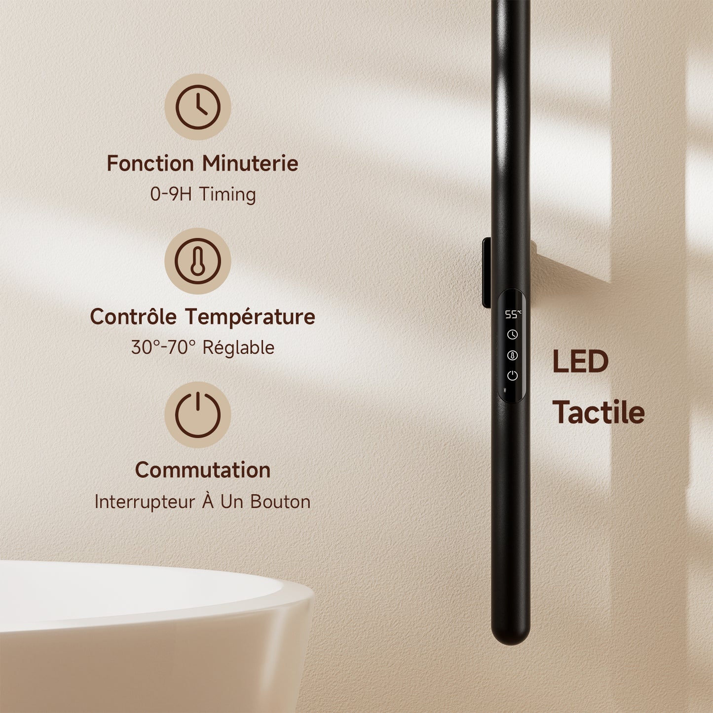 Sèche-Serviette Électrique,Adiateur sèche-serviettes intelligent Noir à température constante,Seche serviette salle bain,Porte-serviettes électrique mural,Avec 5 crochets,Convient pour salle bain,salon,chambre
