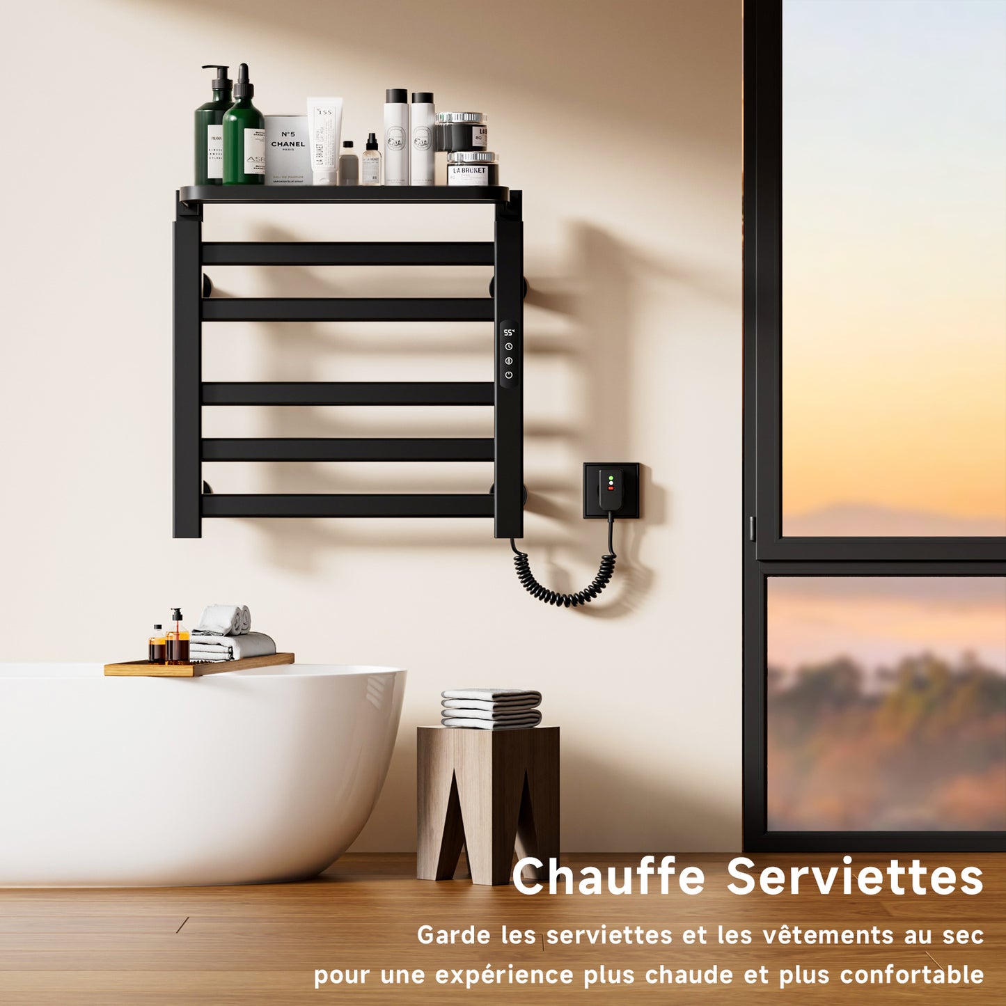 Sèche serviettes électrique,Radiateur serviettes électrique 500x500mm,Porte serviettes thermostatique intelligent,Porte serviettes électrique,Avec interrupteur tactile et minuterie,Sèche serviettes mural