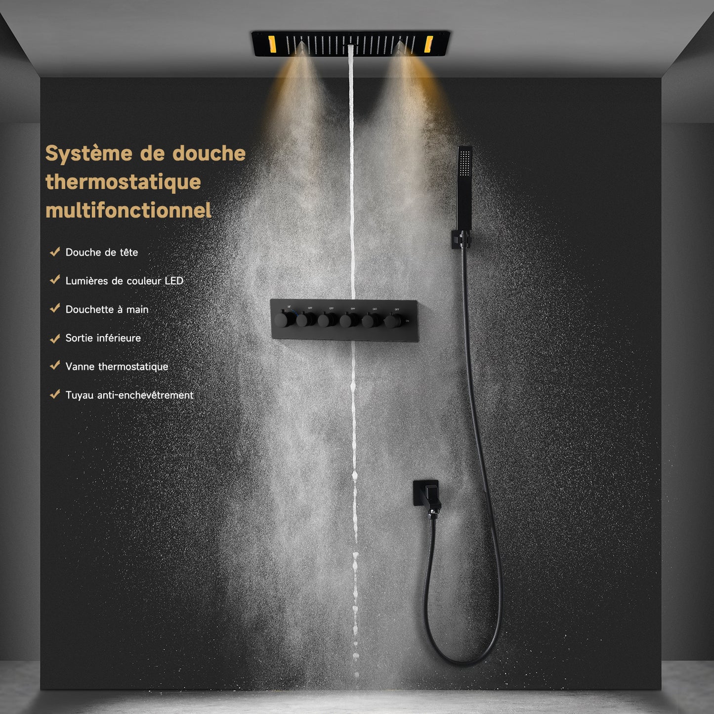 Colonne De Douche Thermostatique Multifonctionnelle, Set De Douche Encastré Noir, Douche De Tête 700×380 Mm Avec Lumières LED Colorées Et 5 Modes De Douche, Avec Douchette Et Robinetterie