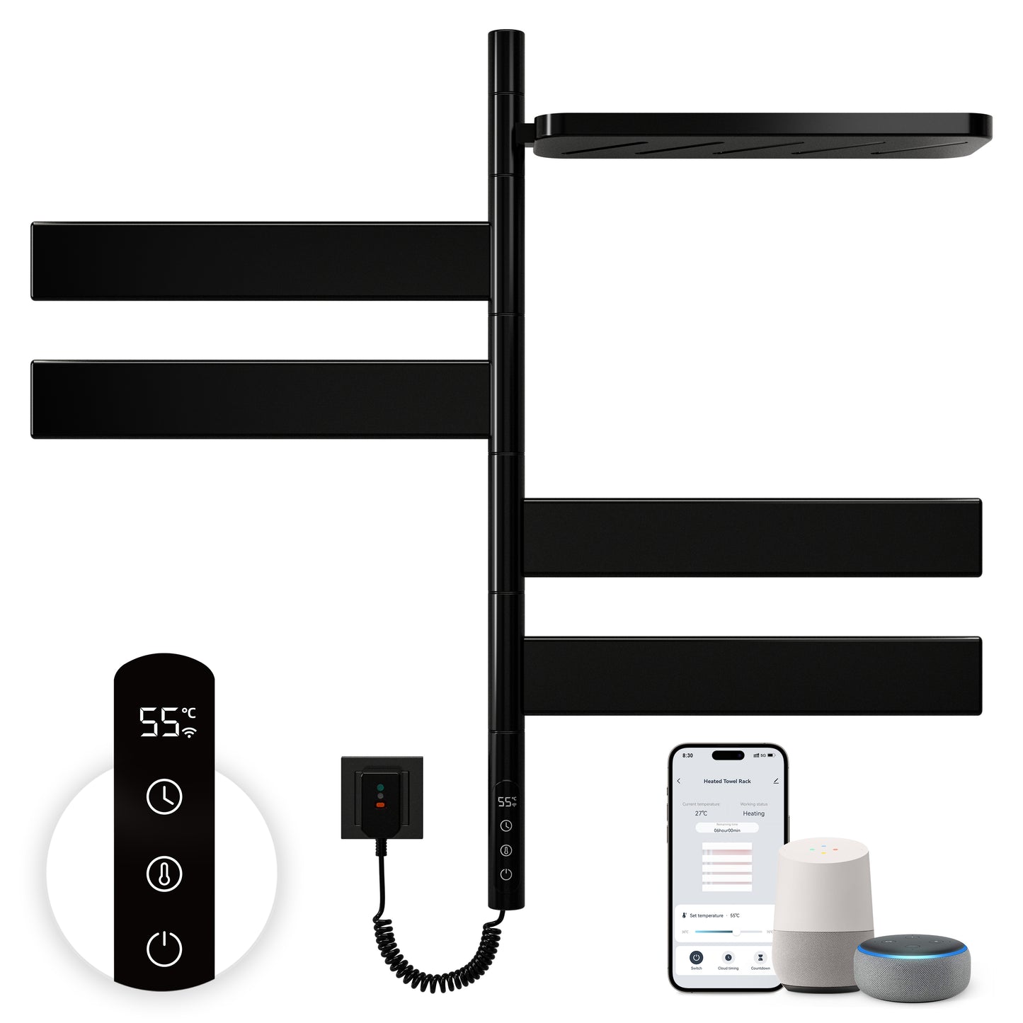 Sèche-Serviettes Électrique 760×450 Mm ,Rotation 180° Chauffe Serviette Salle De Bain,sèche Serviette Intelligent À Température Constante WiFi,Fonctionne Avec Alexa Et Google Home Et App
