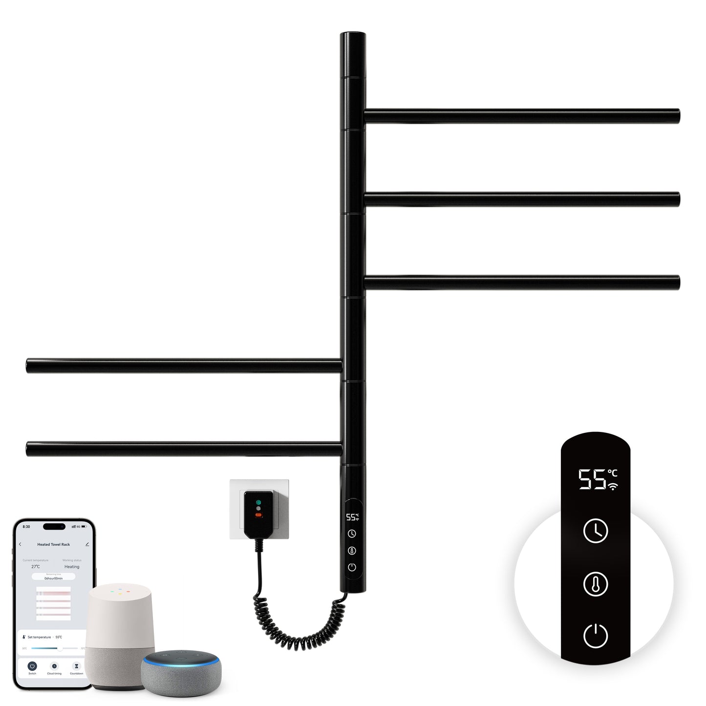 Sèche-Serviettes Électrique 660×420mm ,Rotation 180° Chauffe Serviette Salle De Bain,sèche Serviette Intelligent À Température Constante WiFi,Fonctionne Avec Alexa Et Google Home Et App