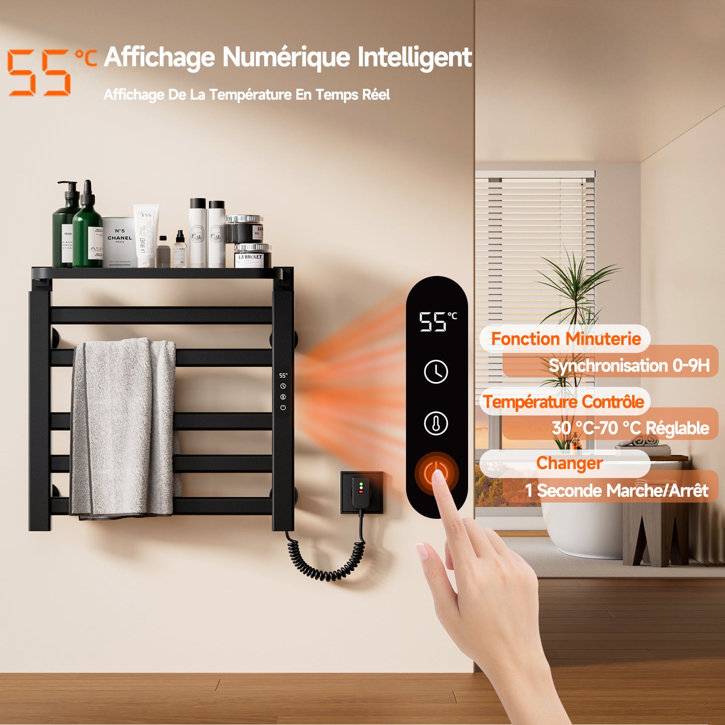 Sèche serviettes électrique,Radiateur serviettes électrique 500x500mm,Porte serviettes thermostatique intelligent,Porte serviettes électrique,Avec interrupteur tactile et minuterie,Sèche serviettes mural