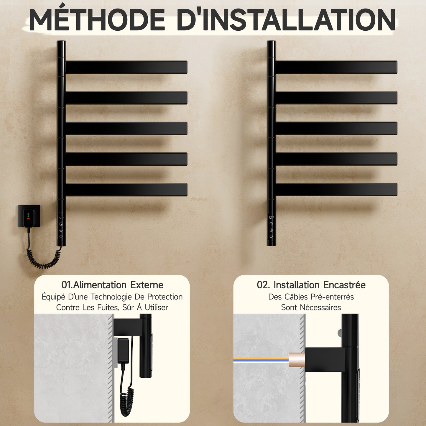 Sèche-Serviettes Électrique 675×450mm,Avec 5 Rotations À 180° Serviettes Électrique,Avec Écran Tactile LED,Réglage De La Synchronisation Et De La Température Chauffe Serviette Salle De Bain,Noir/Blanc