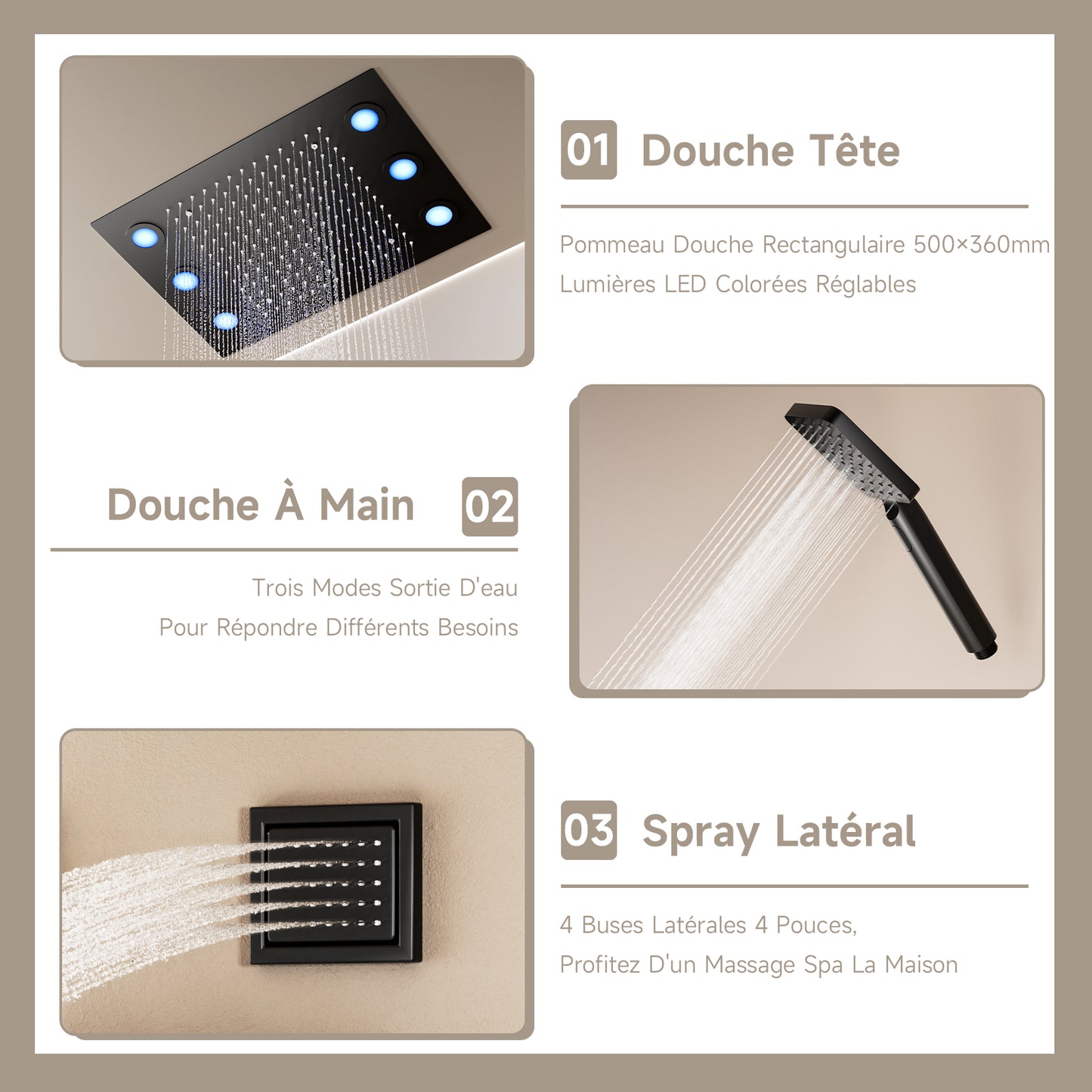Colonne De Douche,Multifonctionnel Colonne De Douche Thermostatique Noir,Colonne Douche Encastrable,Avec Douche De Tête,Douchette À Main,Lumières LED Colorées,Jet Latéral De 4 Pouces Ensemble Douche
