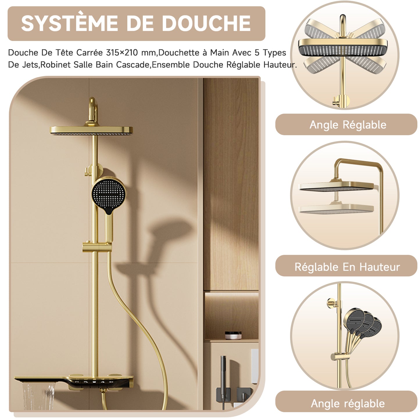 Colonne De Douche,Systeme de Douche Pluie Pour Salle De Bain,Avec Douchette,Avec Mitigeur,Pommeau De Douche Et Barre De Douche,Système De Douche Avec Écran Numérique, Or Brossé Ensemble De Douche