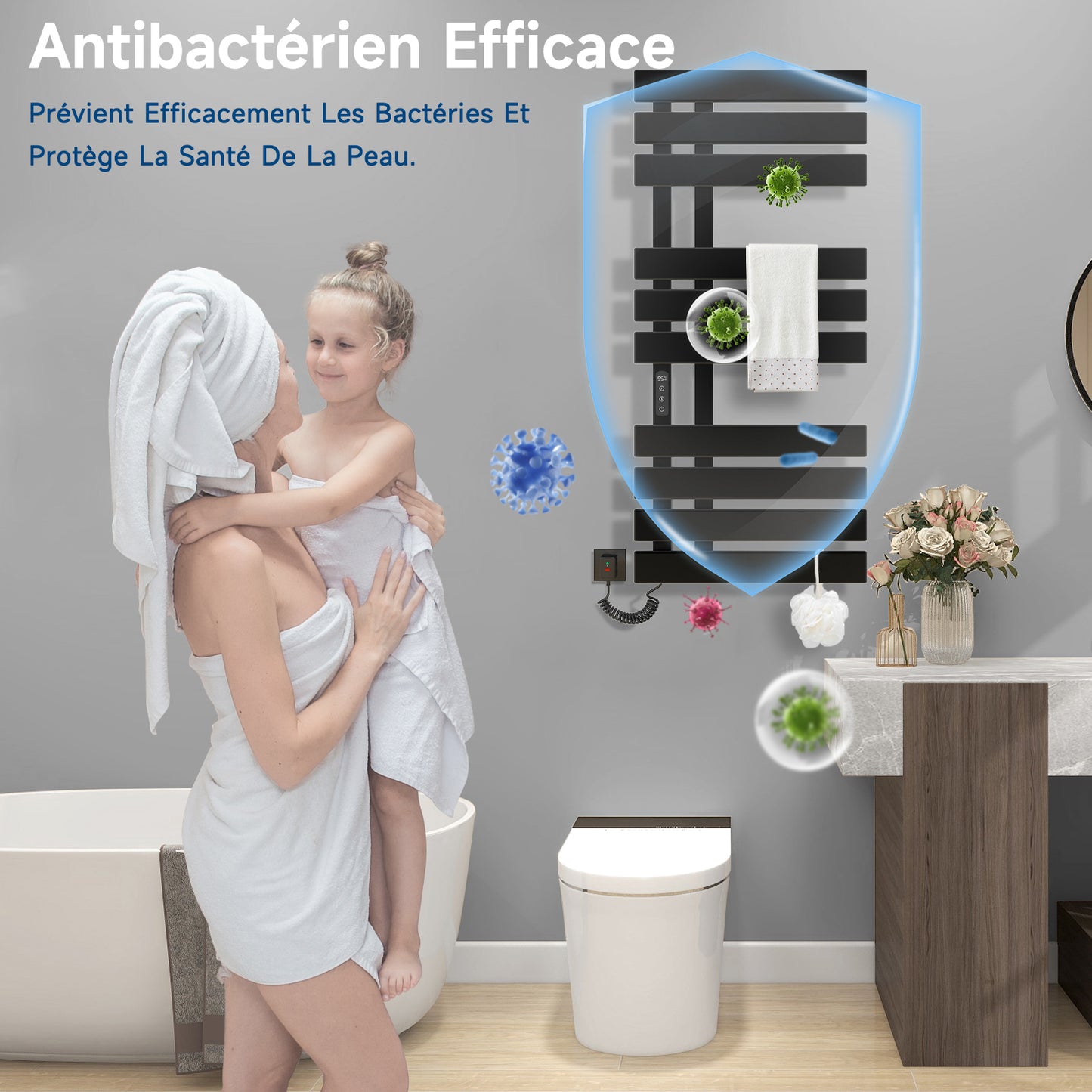 Seche Serviette Electrique, 500x1100mm, pour Commande Vocale/Tactile/APP, WiFi Sèche Serviette Électrique, pour Alexa et Google Home et APP, 380W, Radiateur Salle de Bain