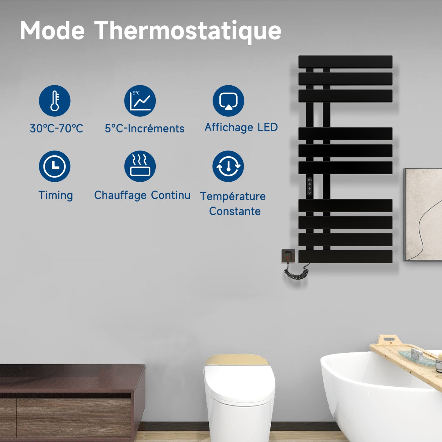 Seche Serviette Electrique, 500x1100mm, pour Commande Vocale/Tactile/APP, WiFi Sèche Serviette Électrique, pour Alexa et Google Home et APP, 380W, Radiateur Salle de Bain