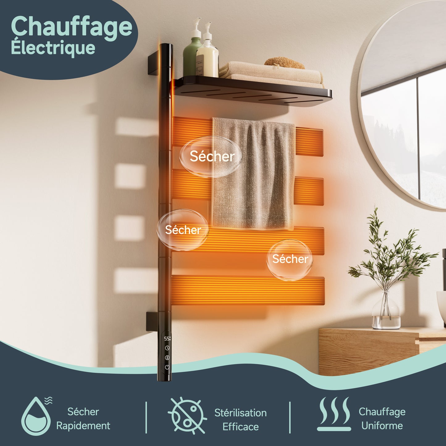 Sèche-Serviettes Électrique 760×450 Mm ,Rotation 180° Chauffe Serviette Salle De Bain,sèche Serviette Intelligent À Température Constante WiFi,Fonctionne Avec Alexa Et Google Home Et App