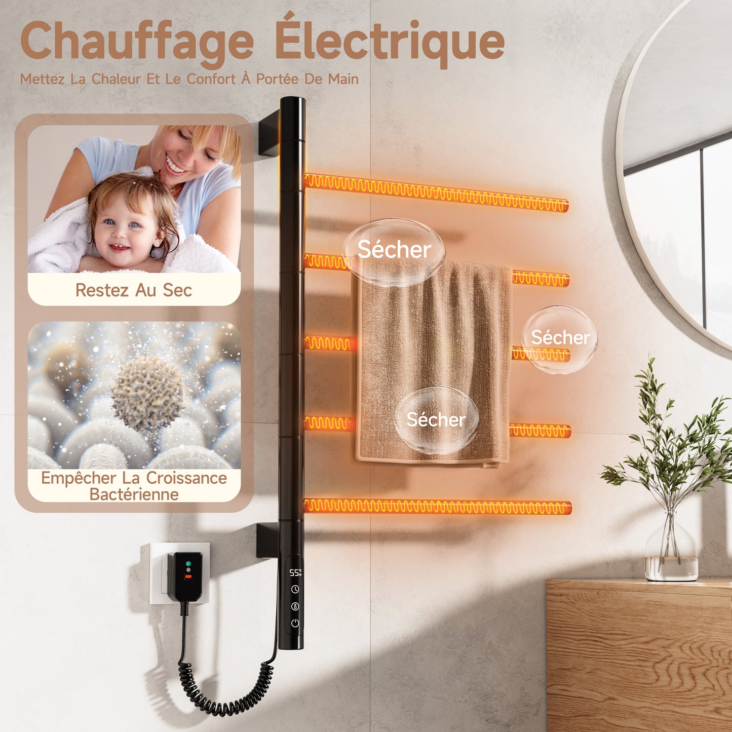Sèche-Serviettes Électrique 660×420mm ,Rotation 180° Chauffe Serviette Salle De Bain,sèche Serviette Intelligent À Température Constante WiFi,Fonctionne Avec Alexa Et Google Home Et App