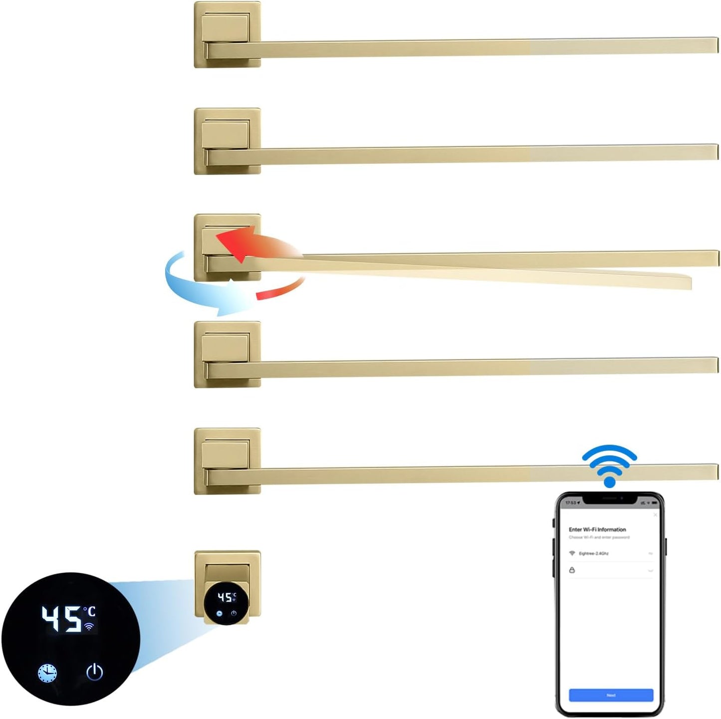 Schwarzer elektrischer Handtuchhalter, intelligenter WiFi-elektrischer Handtuchtrockner mit Timer, 45–60 °C, 5 Stangen, 180° drehbarer Handtuchwärmer, Heizkörper, Edelstahl, verkabelt, Wandmontage