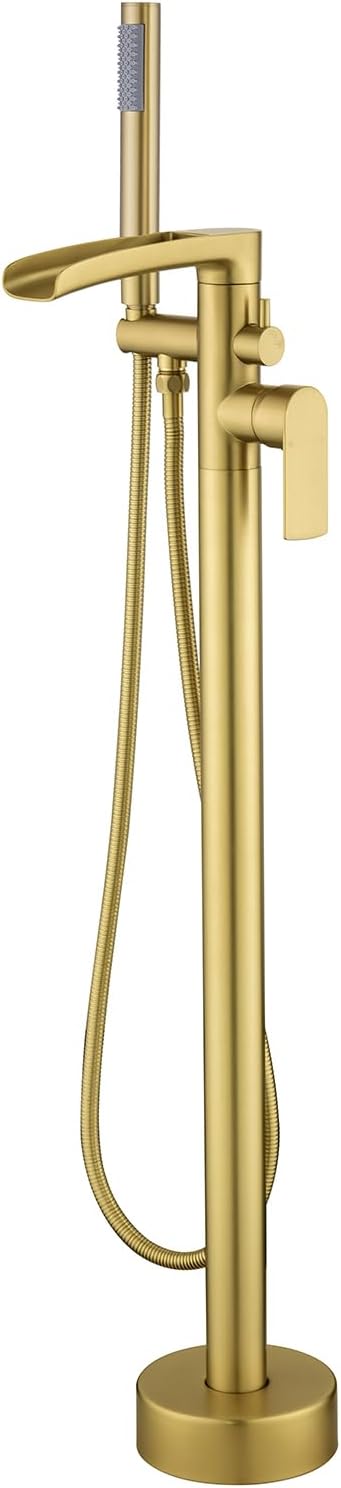 Robinet de Baignoire Ilot, Or Brossé Mitigeur Baignoire Ilot avec Douchette, Cascade Robinet de Baignoire sur Pied Rotation à 360° Moderne et Simple Laiton Robinet Mitigeur au Sol