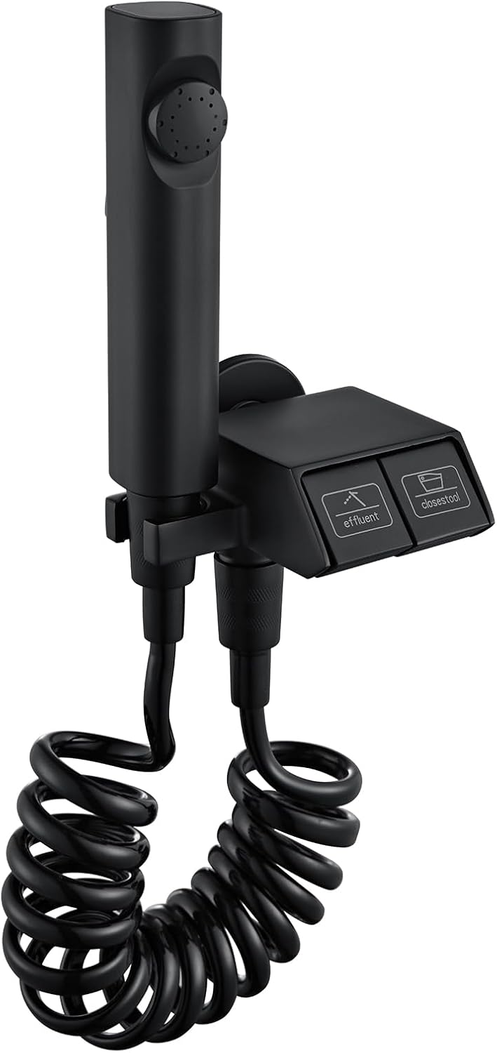 Kit Douchette WC Noir Pulvérisateur de Toilette pour Bidet, Laiton Douchette Toilette WC Un Entré Deux Sortis Douchette WC Kit Complet avec Printemps Tuyau