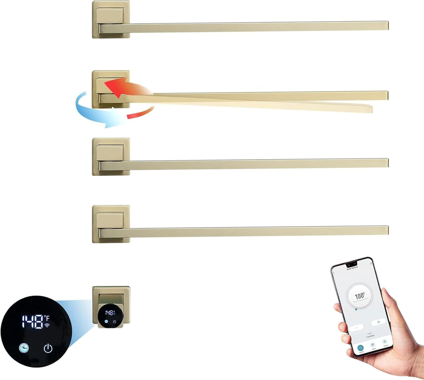Sèche-Serviettes Électrique avec 4 Barres Porte-Serviettes électrique Noir à 180°, 75W 51 * 70cm Mural Chauffe-Serviettes Intelligent, écran LED, contrôle Tactile