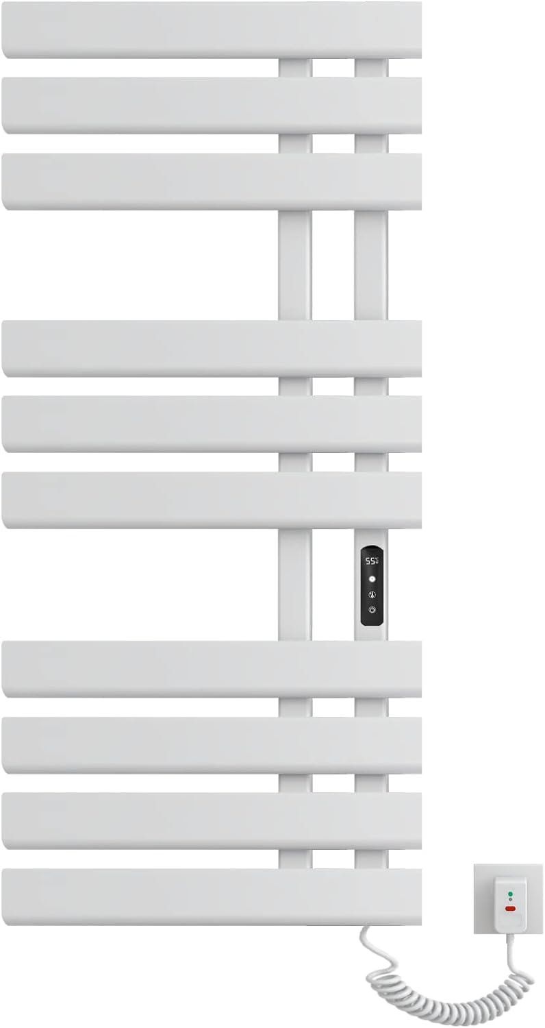 Elektrischer Handtuchhalter, 500 x 1100 mm, intelligenter thermostatischer Handtuchwärmer, wandmontierter Badezimmerheizkörper, beheizter Handtuchtrockner, energiesparend, LED-Anzeige, weiß rechts