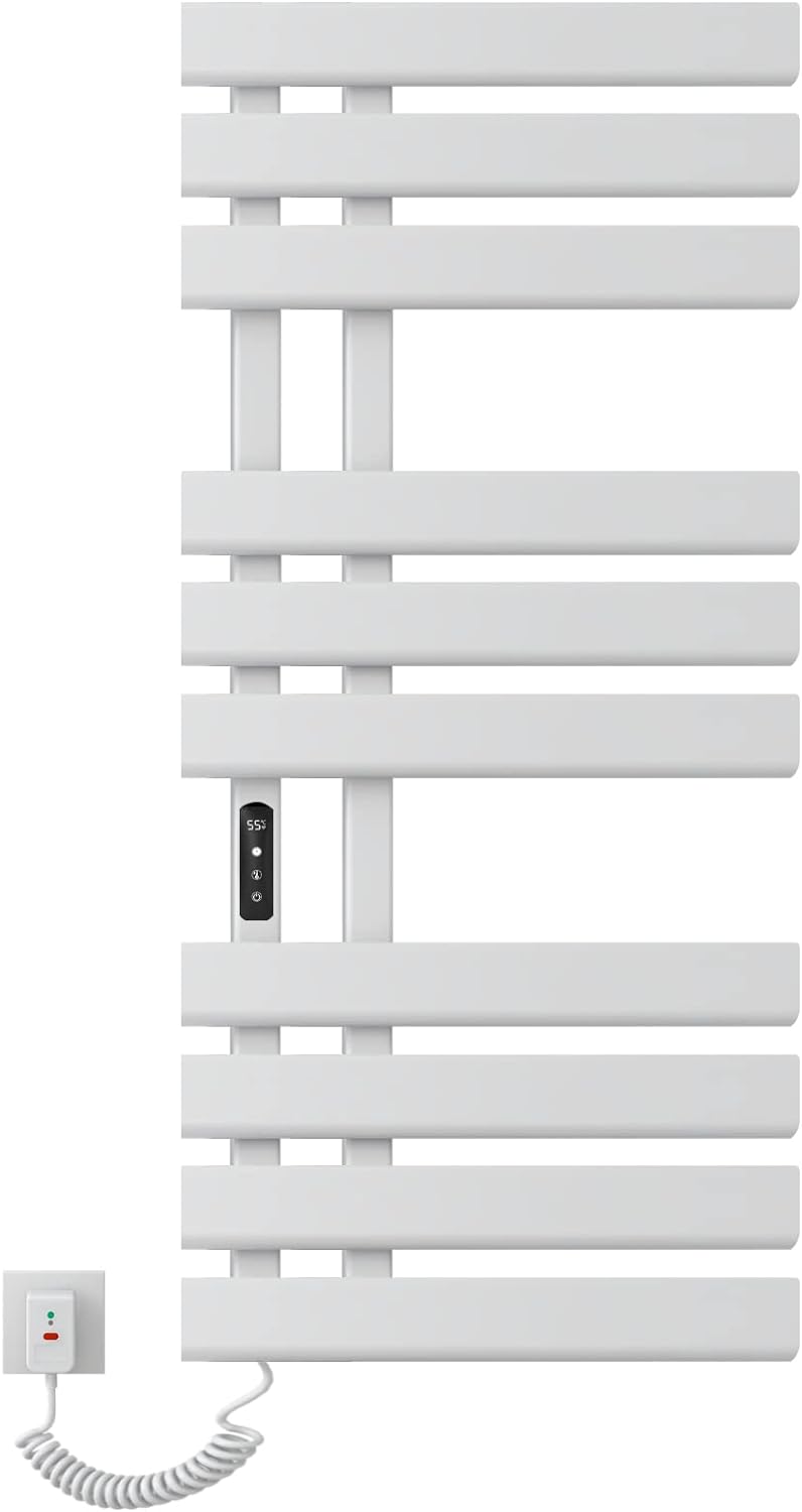 Elektrischer Handtuchhalter, 500 x 1100 mm, intelligenter thermostatischer Handtuchwärmer, wandmontierter Badezimmerheizkörper, beheizter Handtuchtrockner, energiesparend, LED-Anzeige, weiß rechts
