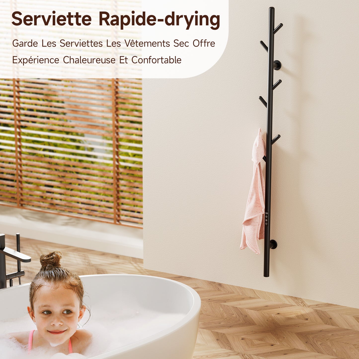 Sèche-Serviette électrique,Seche serviette salle de bain,Adiateur sèche-serviettes intelligent Noir à température constante,Porte-serviettes électrique mural,Avec 6 crochets,Sèche-serviettes électrique avec tige