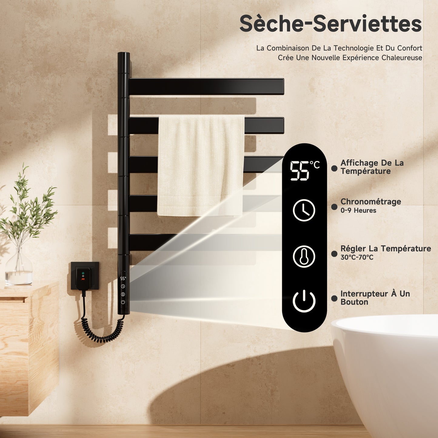 Sèche-Serviettes Électrique 675×450mm,Avec 5 Rotations À 180° Serviettes Électrique,Avec Écran Tactile LED,Réglage De La Synchronisation Et De La Température Chauffe Serviette Salle De Bain,Noir/Blanc