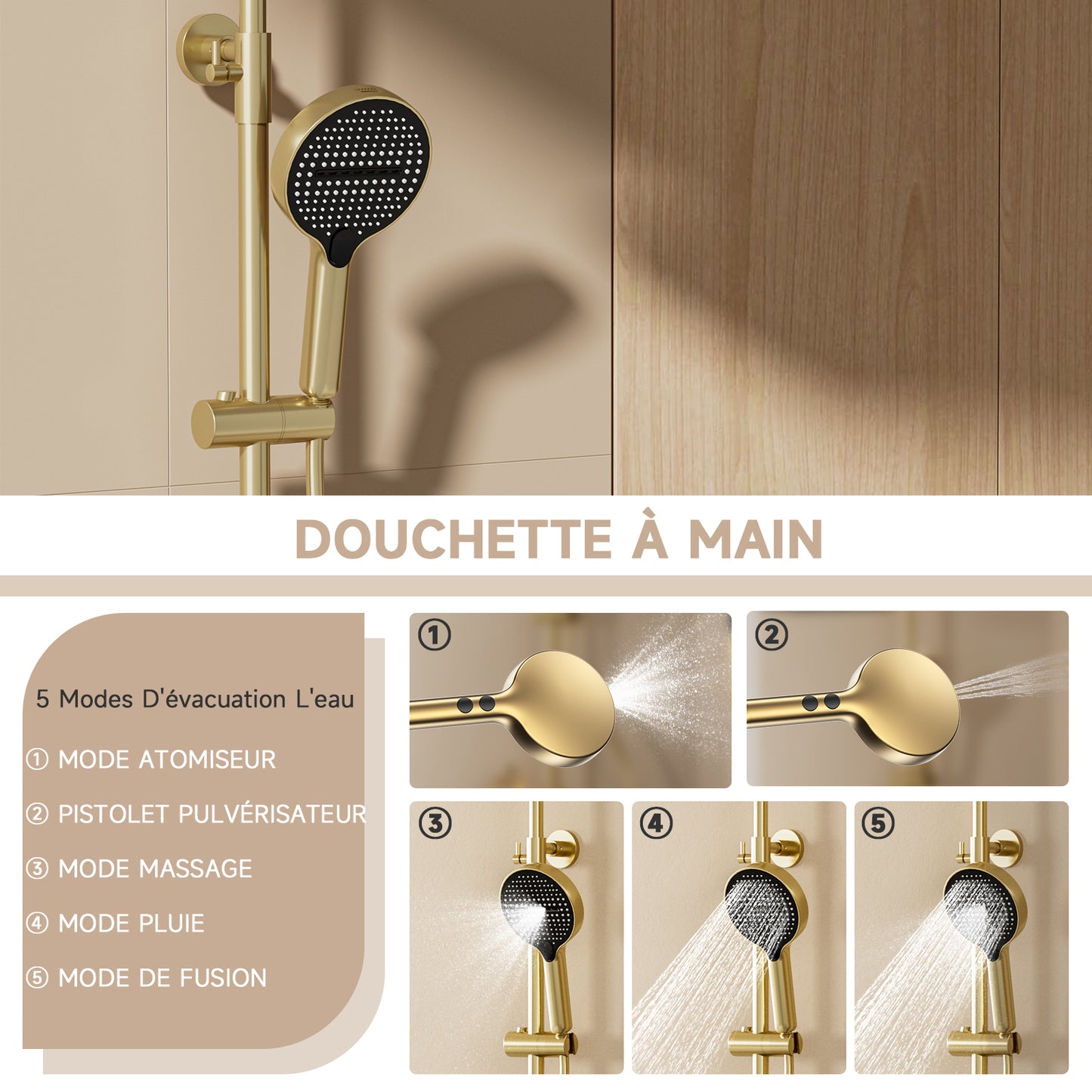 Colonne De Douche,Systeme de Douche Pluie Pour Salle De Bain,Avec Douchette,Avec Mitigeur,Pommeau De Douche Et Barre De Douche,Système De Douche Avec Écran Numérique, Or Brossé Ensemble De Douche