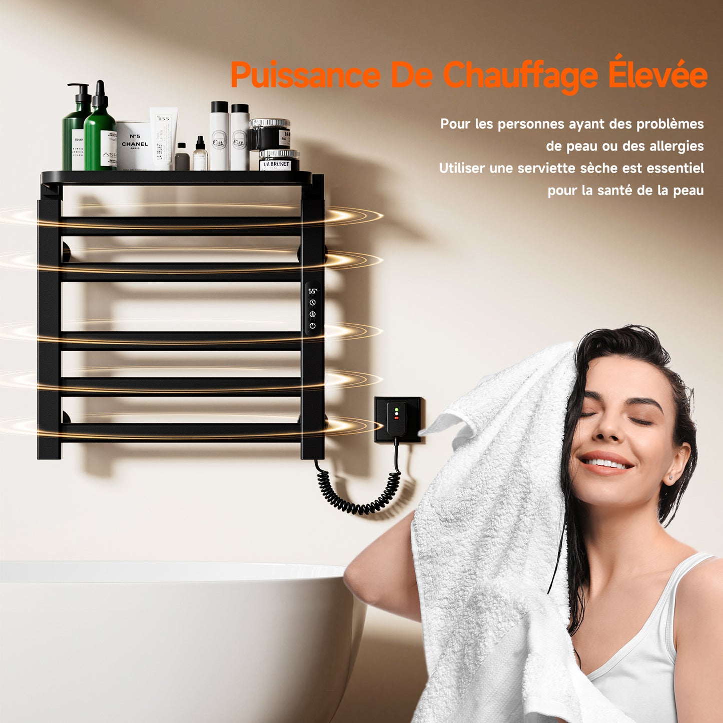 Sèche serviettes électrique,Radiateur serviettes électrique 500x500mm,Porte serviettes thermostatique intelligent,Porte serviettes électrique,Avec interrupteur tactile et minuterie,Sèche serviettes mural