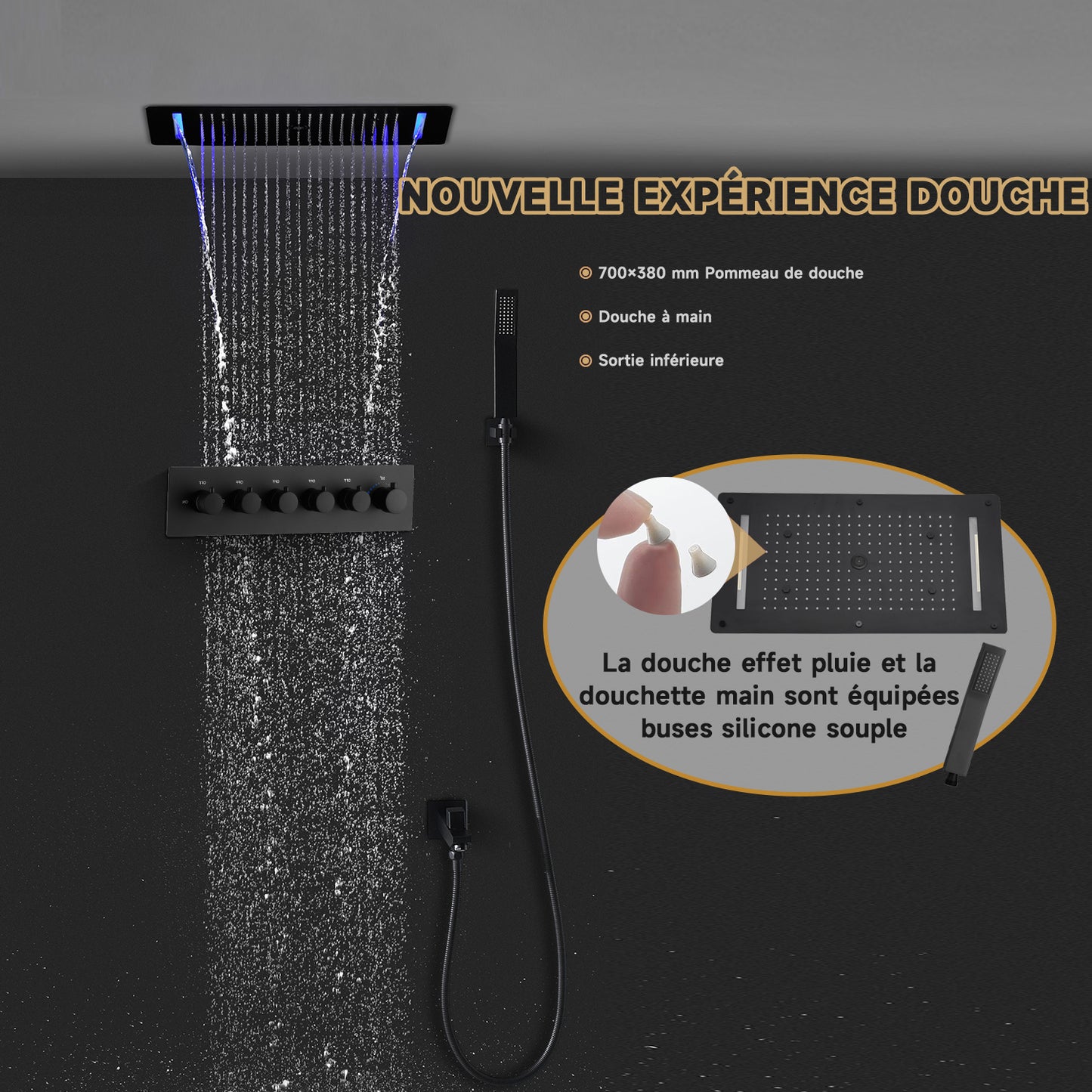 Colonne De Douche Thermostatique Multifonctionnelle, Set De Douche Encastré Noir, Douche De Tête 700×380 Mm Avec Lumières LED Colorées Et 5 Modes De Douche, Avec Douchette Et Robinetterie