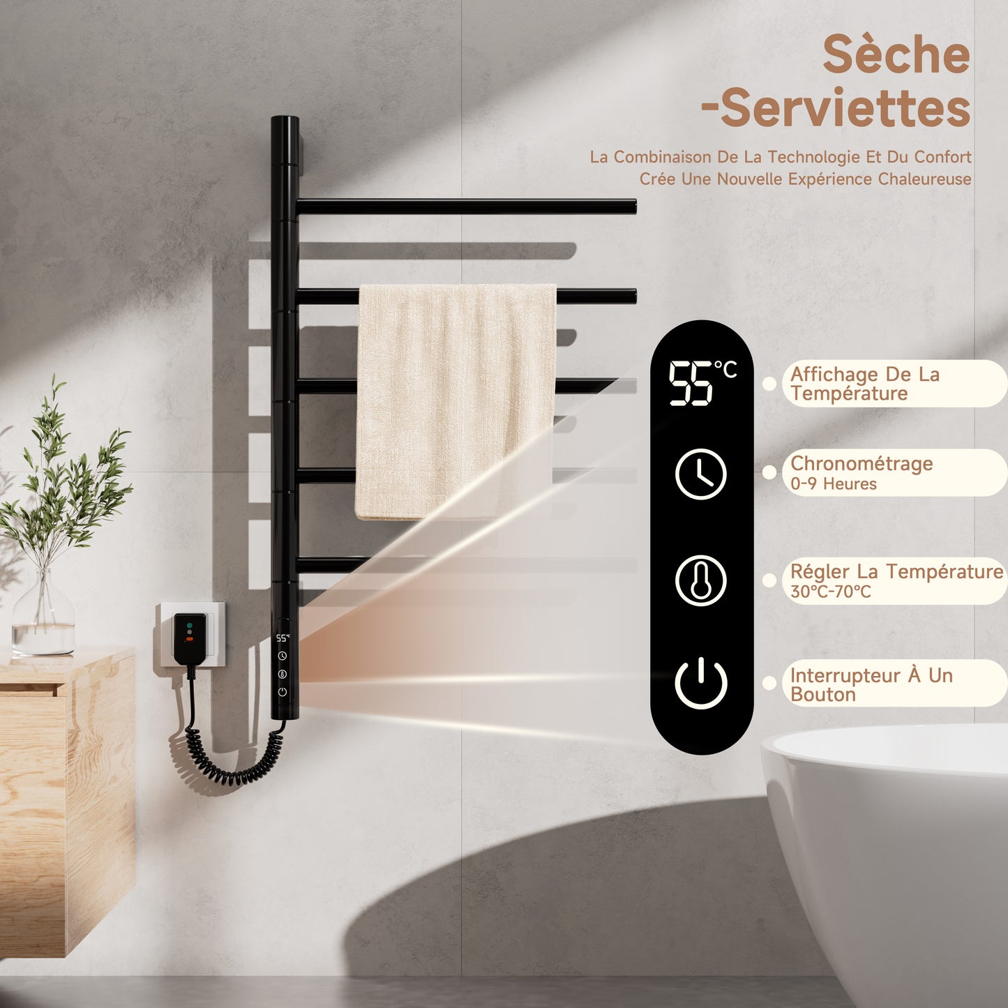 Sèche-Serviettes Électrique 660×420mm ,Avec 5 Rotations À 180° Serviettes Électrique,Avec Écran Tactile LED,réglage De La Synchronisation Et De La Température Chauffe Serviette Salle De Bain
