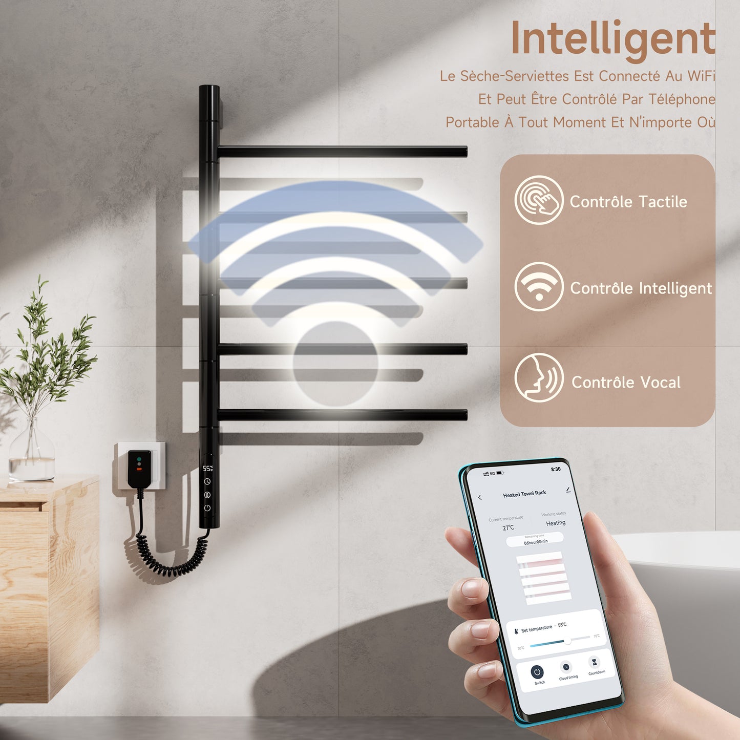 Sèche-Serviettes Électrique 660×420mm ,Rotation 180° Chauffe Serviette Salle De Bain,sèche Serviette Intelligent À Température Constante WiFi,Fonctionne Avec Alexa Et Google Home Et App