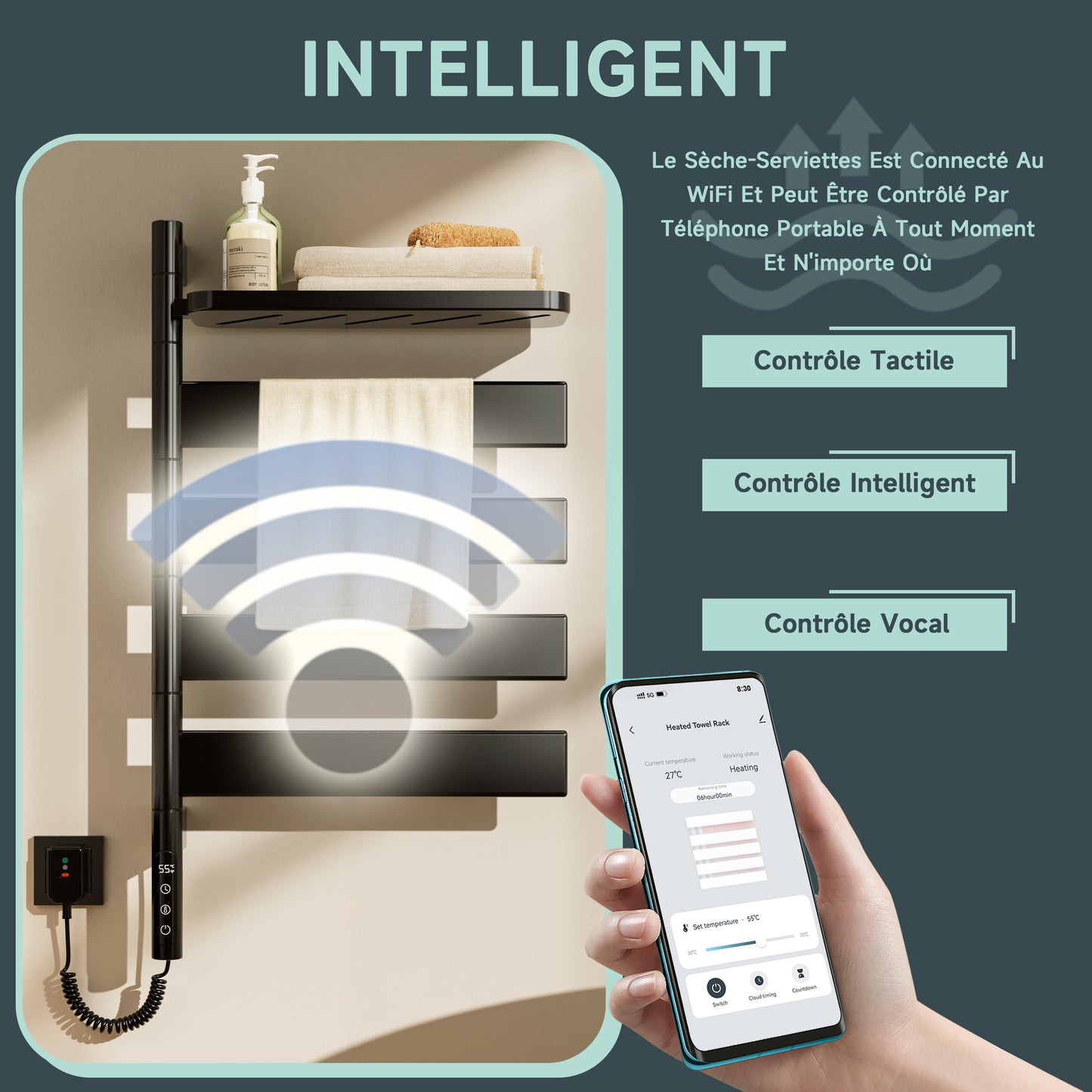 Sèche-Serviettes Électrique 760×450 Mm ,Rotation 180° Chauffe Serviette Salle De Bain,sèche Serviette Intelligent À Température Constante WiFi,Fonctionne Avec Alexa Et Google Home Et App