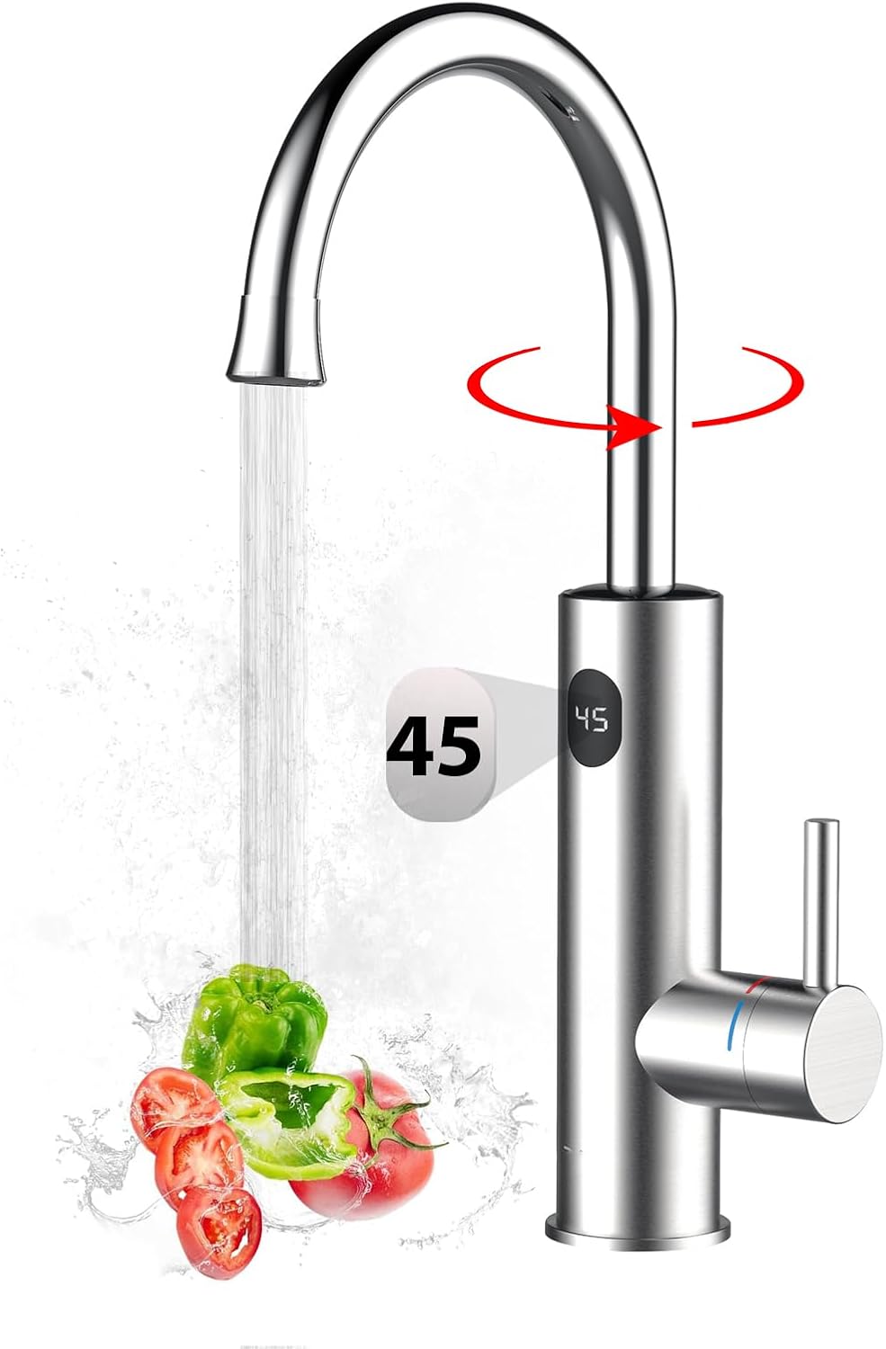 Robinet Électrique Cuisine 3200W Robinet D'eau Chauffant Avec Chauffe-eau Intégré, Robinet D'eau avec Affichage de la Température, Robinet Rotatif 360°