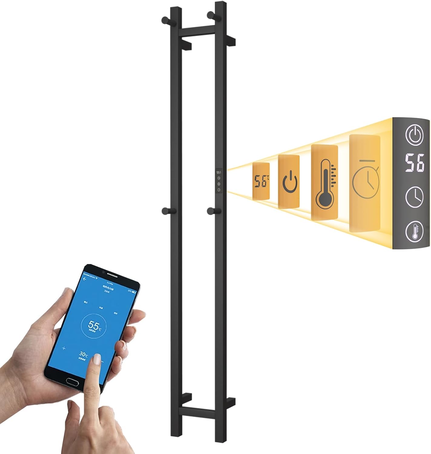 Sèche-Serviette Électrique Noir, 30 W Chauffe-Serviettes 1525×65mm WiFi Intelligent Porte-Serviettes Chauffant Électrique Mural Commande Tactile à LED Radiateur de Salle de Bain avec 3 Patère