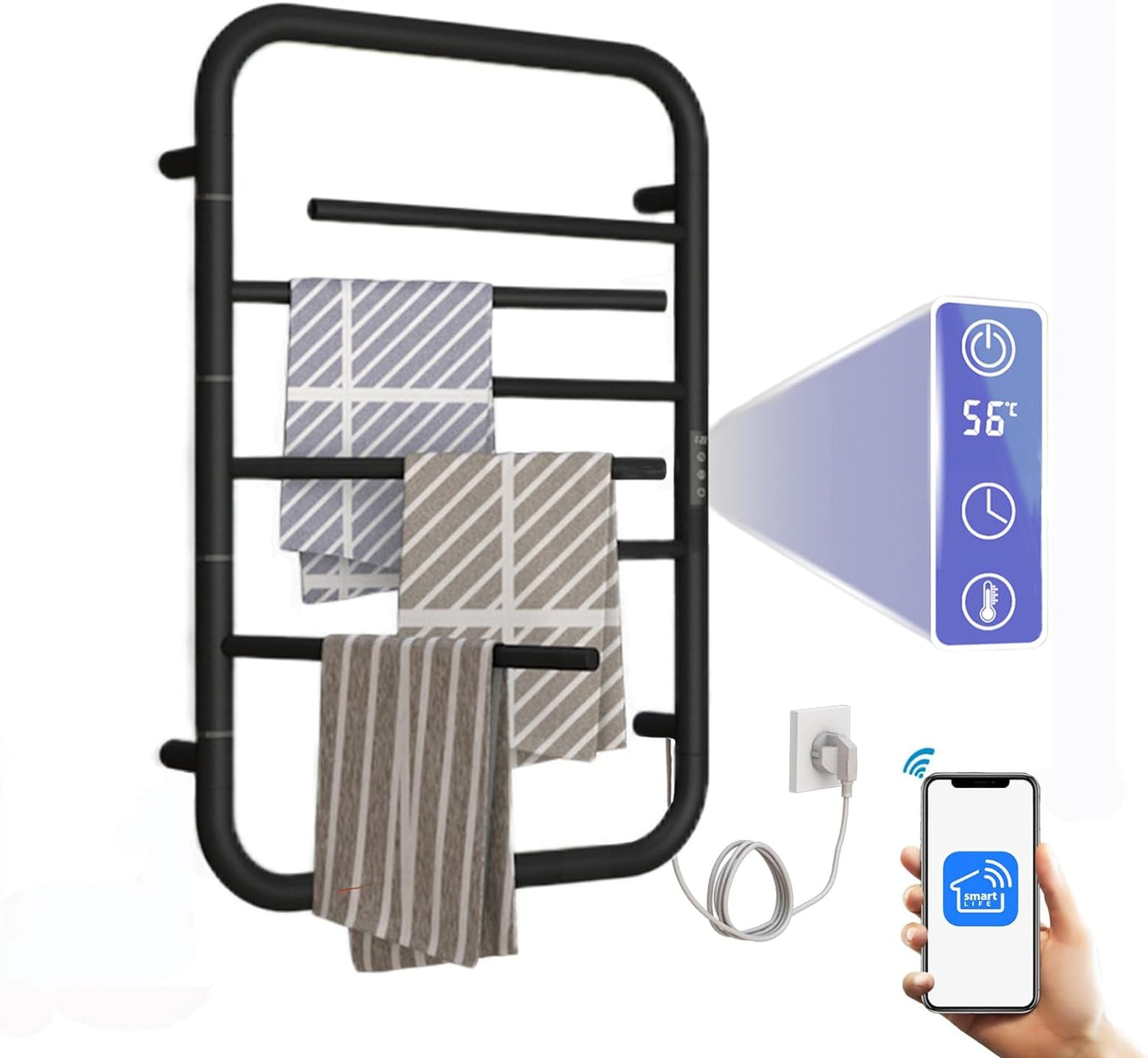 OihPaw Sèche serviette électrique,80W 750*500mm Chauffe-Serviettes Électrique Wifi,6 Barres - Pivotant à 3 Bras