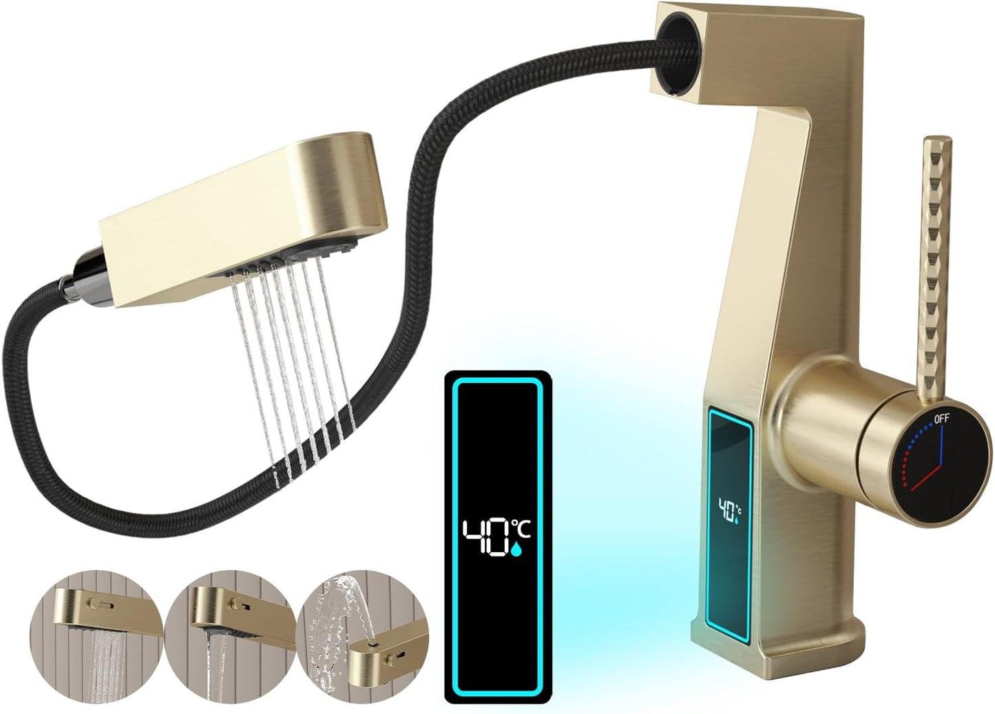 Robinet de Lavabo avec Douchette 3 Modes, Extractible Robinet de Salle de Bain avec Affichage Numérique LED Mitigeur Lavabo Monocommande Chaude et Froide Robinet Salle de Bain
