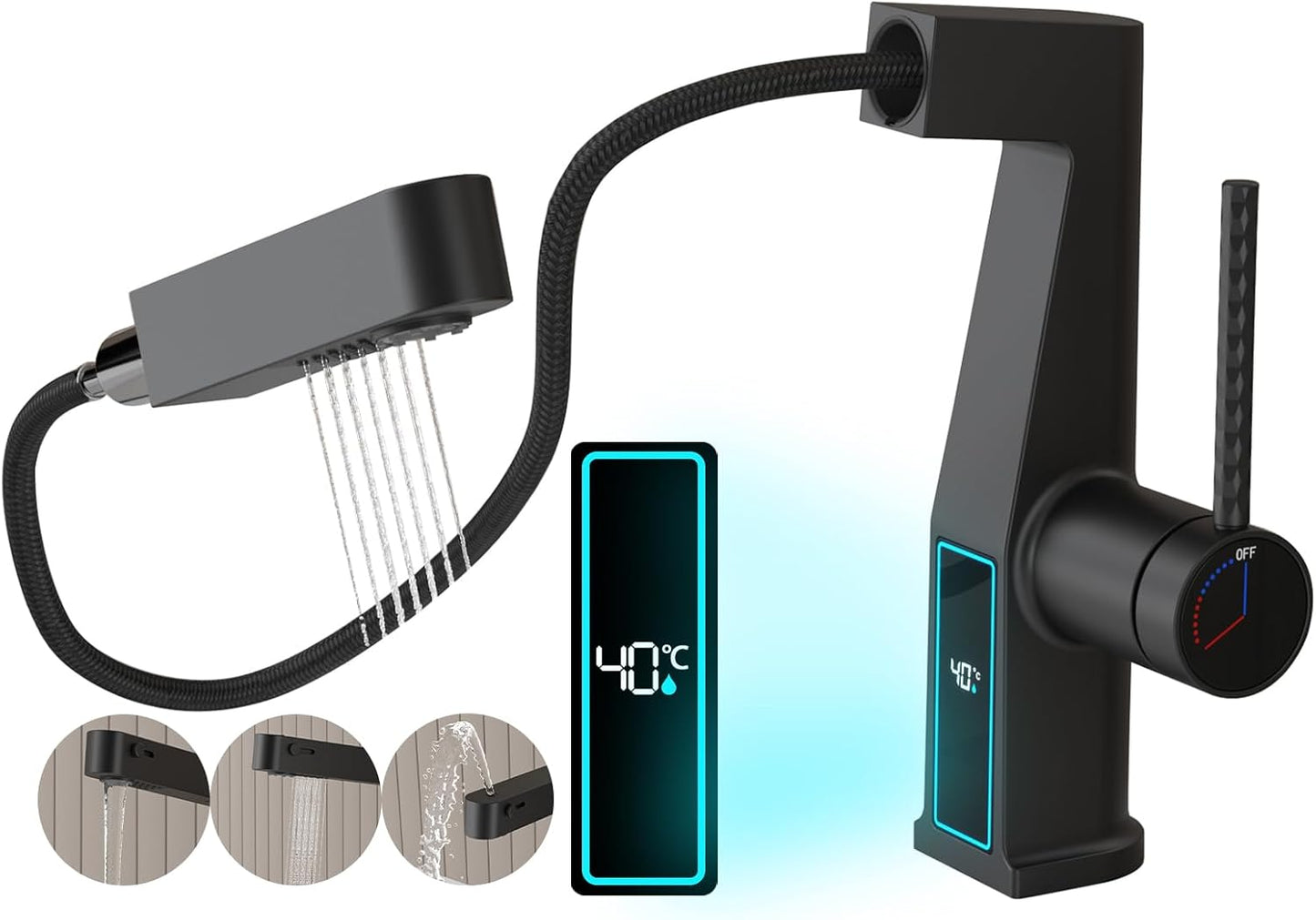 Robinet de Lavabo avec Douchette 3 Modes, Extractible Robinet de Salle de Bain avec Affichage Numérique LED Mitigeur Lavabo Monocommande Chaude et Froide Robinet Salle de Bain