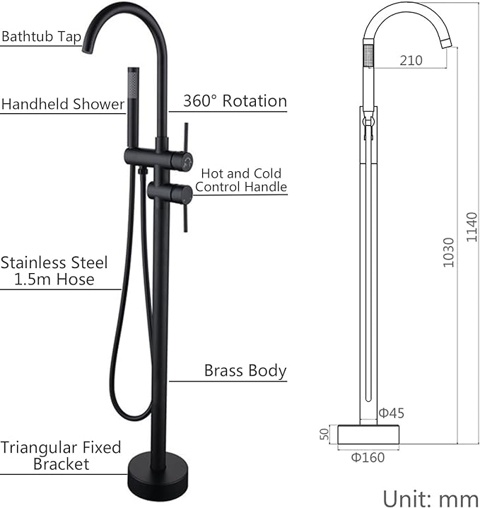 Robinet de Baignoire Ilot 2 Modes Mitigeur de Baignoire Ilot avec Douchette, Rotation à 360° Robinet de Baignoire sur Pied Laiton Robinet Mitigeur au Sol Moderne et Simple