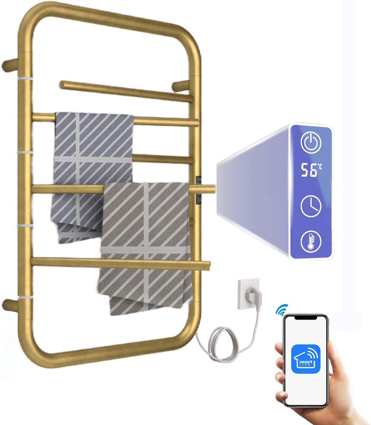OihPaw Sèche serviette électrique,80W 750*500mm Chauffe-Serviettes Électrique Wifi,6 Barres - Pivotant à 3 Bras