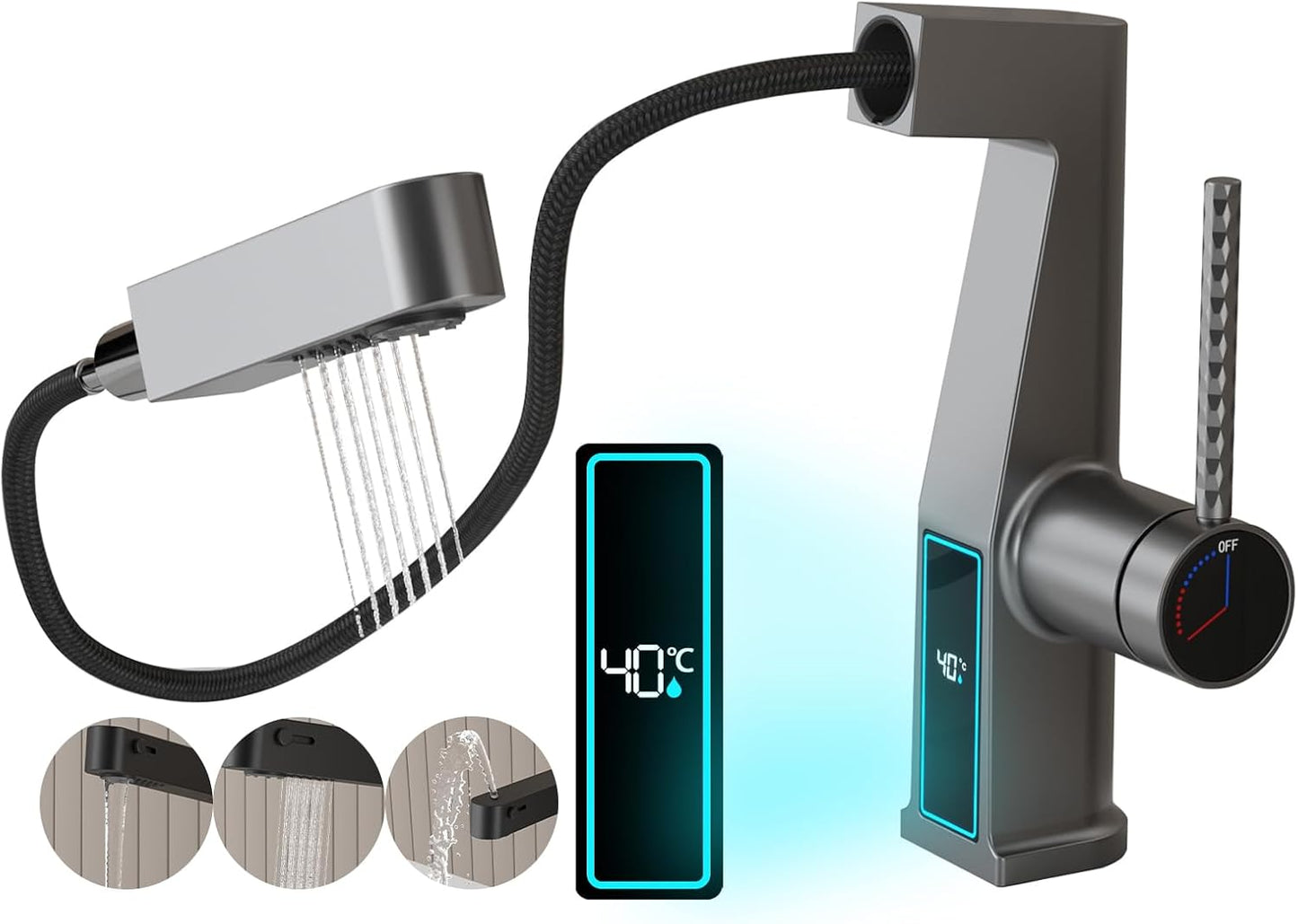 Robinet de Lavabo avec Douchette 3 Modes, Extractible Robinet de Salle de Bain avec Affichage Numérique LED Mitigeur Lavabo Monocommande Chaude et Froide Robinet Salle de Bain