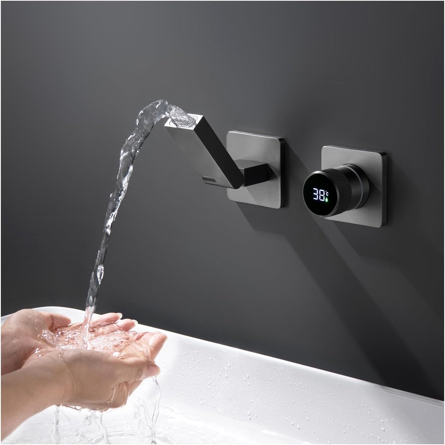Robinet De Salle De Bain Avec Affichage Numérique LED, Robinet Lavabo Mural Pliable À 180° Mitigeur De Lavabo Robinets Cascade De Baignoire Avec L’Eau Froide & Chaude