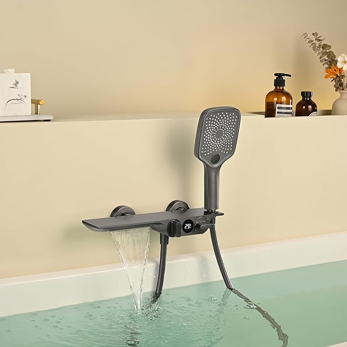 Robinet De Baignoire Cascade avec Affichage de la Température, Mitigeur Baignoire Mural avec Douchette À 3 Fonctions Robinet Pour Bain De Salle De Bain, Laiton (Gris Pistolet)