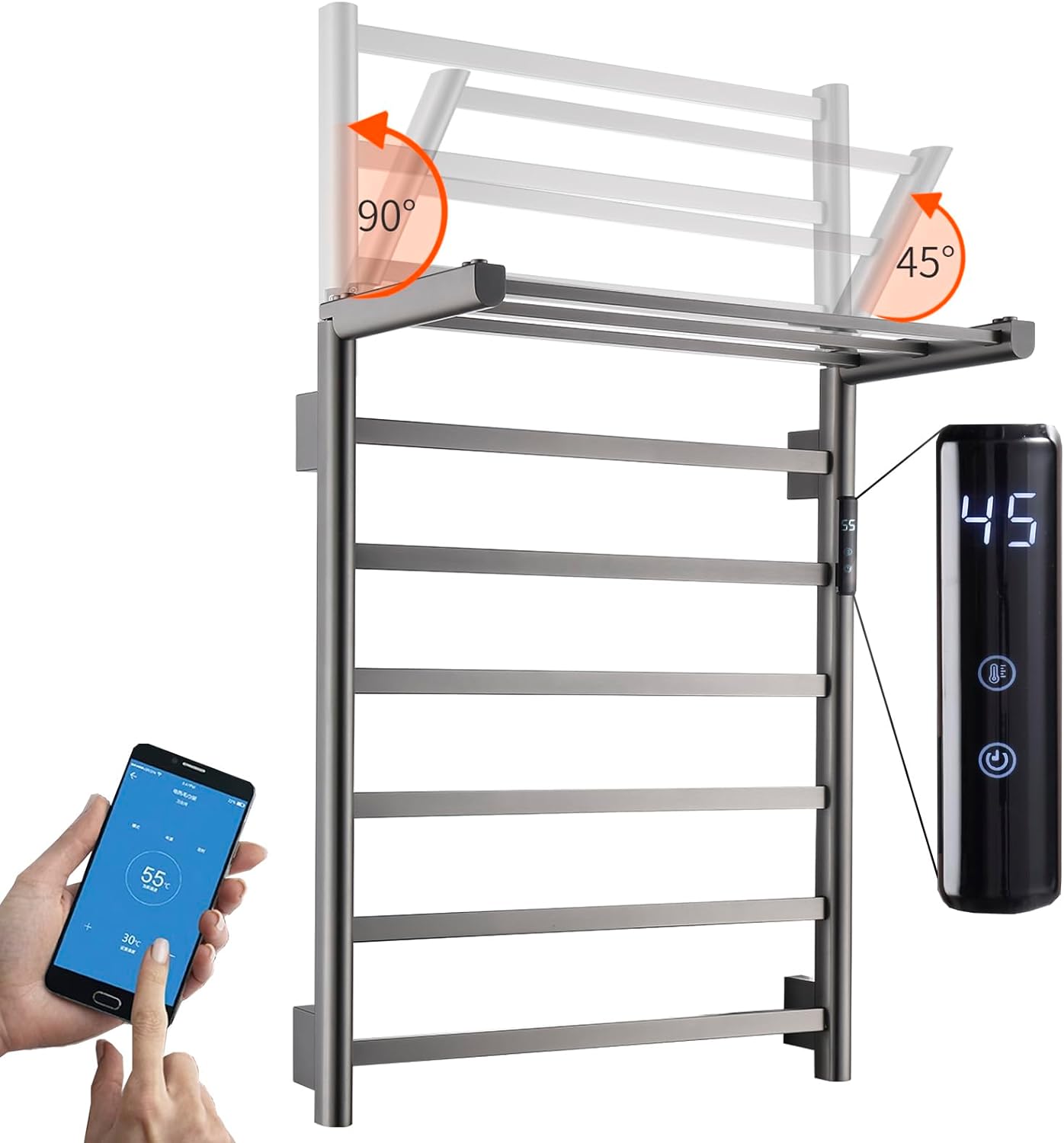 OihPaw Sèche-serviette électrique WiFi Intelligent 76 W Porte-Serviettes Chauffant Électrique Commande Vocale 62x50 cm Radiateur de Salle de Bain avec Support de Rangement Pliable
