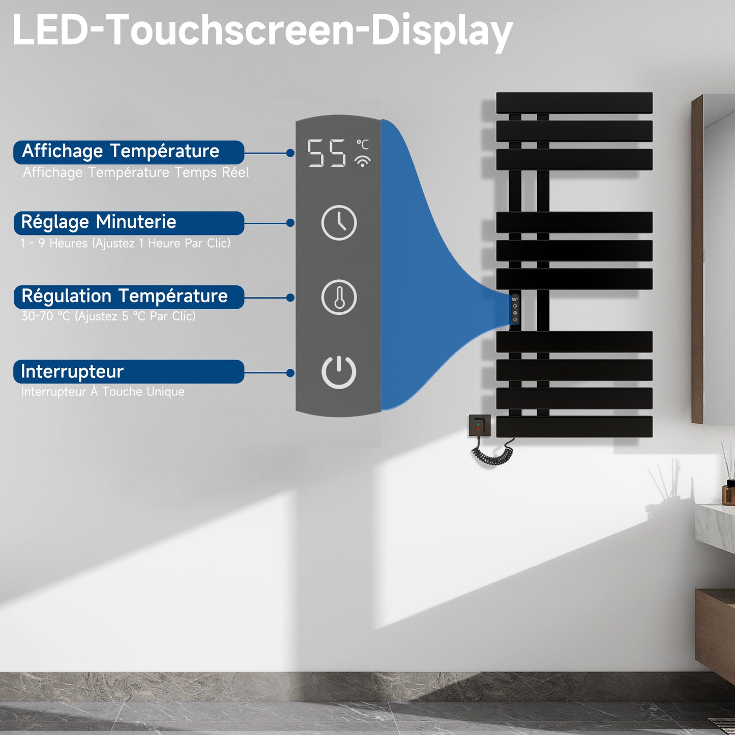 Seche Serviette Electrique, 500x1100mm, pour Commande Vocale/Tactile/APP, WiFi Sèche Serviette Électrique, pour Alexa et Google Home et APP, 380W, Radiateur Salle de Bain