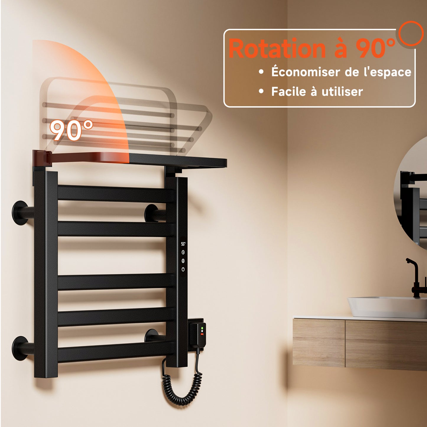 Sèche serviettes électrique,Radiateur serviettes électrique 500x500mm,Porte serviettes thermostatique intelligent,Porte serviettes électrique,Avec interrupteur tactile et minuterie,Sèche serviettes mural